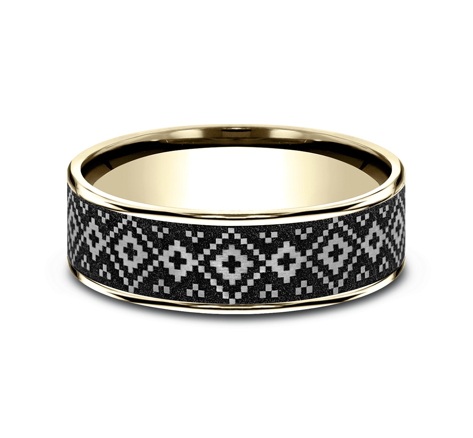 THE ISLE 7.5mm, Comfort fit, 14K Yellow Gold and Grey/Black Titanium, Fair Isle patterned center, thin edges