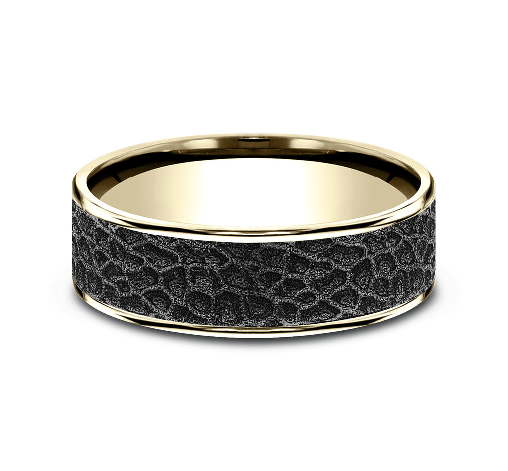 THE CORAL 7.5mm, Comfort fit, 14K Yellow Gold and Black Titanium, Coral pattern, thin edges