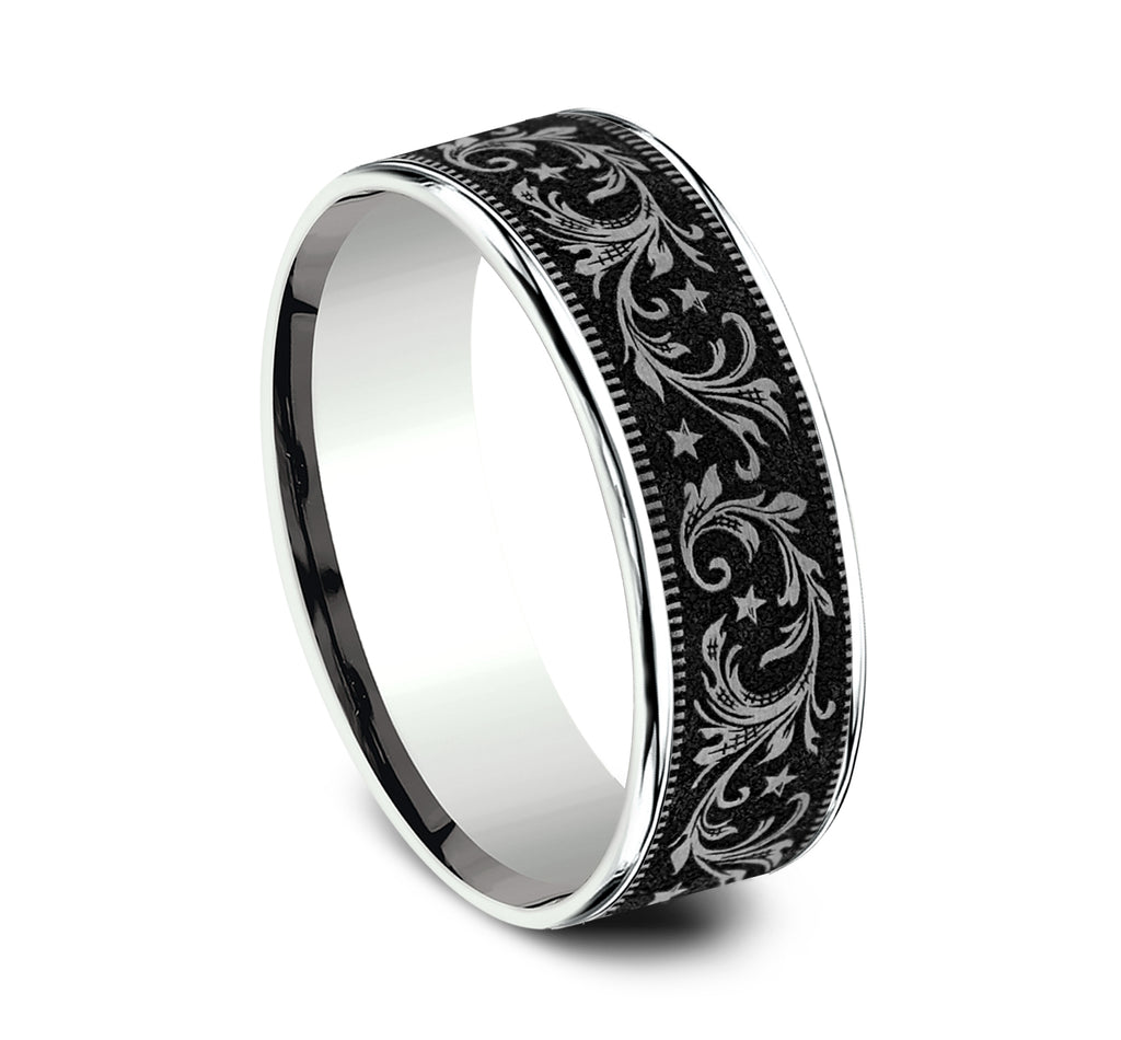 THE SPUR 7.5mm, Comfort fit, 14K White Gold and Grey/Black Titanium, Barrel script pattern, thin edges