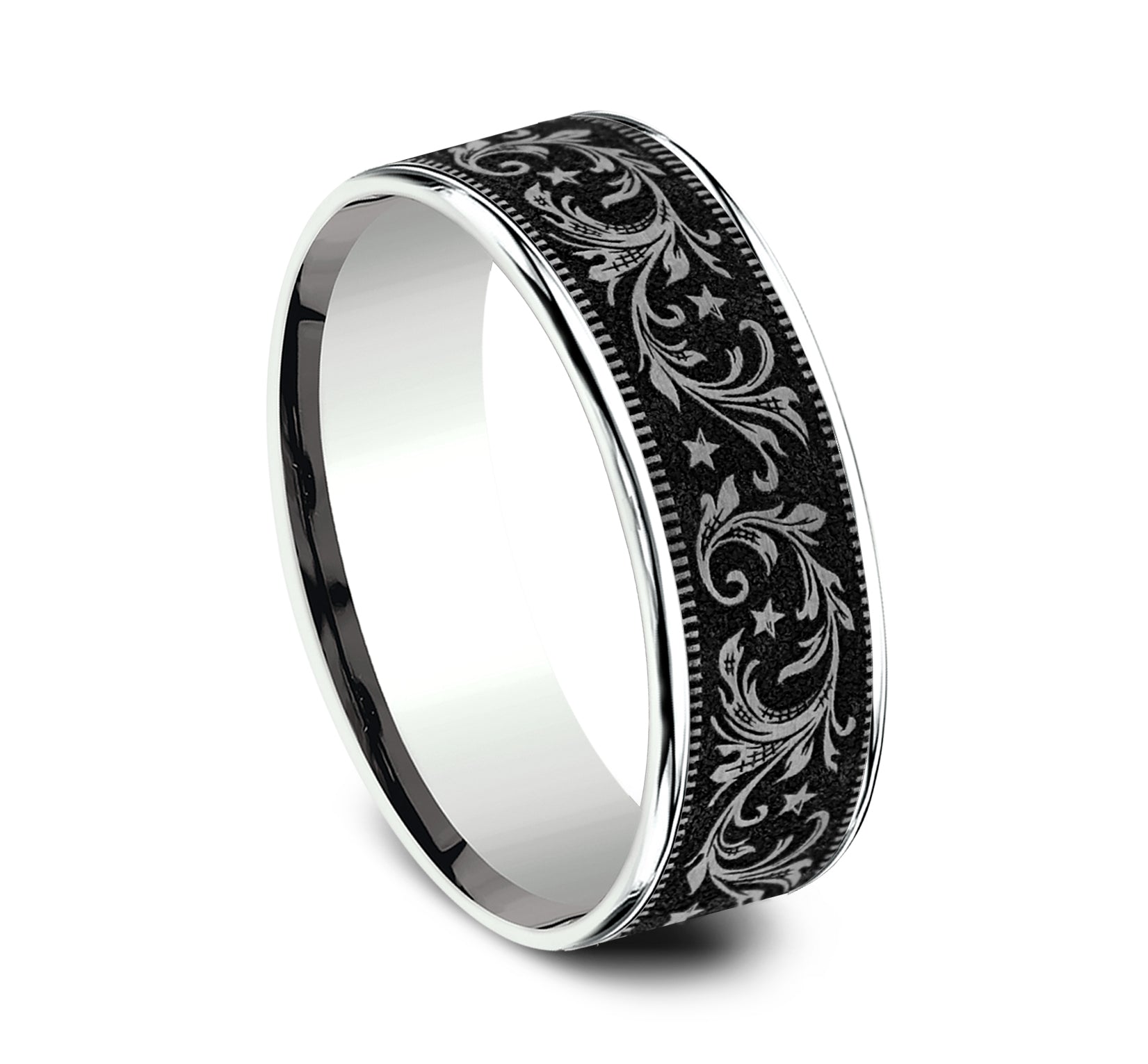 THE SPUR 7.5mm, Comfort fit, 14K White Gold and Grey/Black Titanium, Barrel script pattern, thin edges