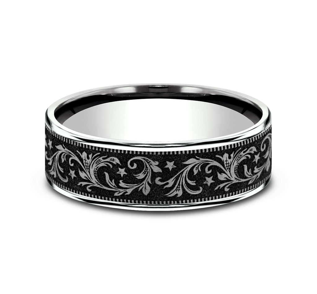 THE SPUR 7.5mm, Comfort fit, 14K White Gold and Grey/Black Titanium, Barrel script pattern, thin edges