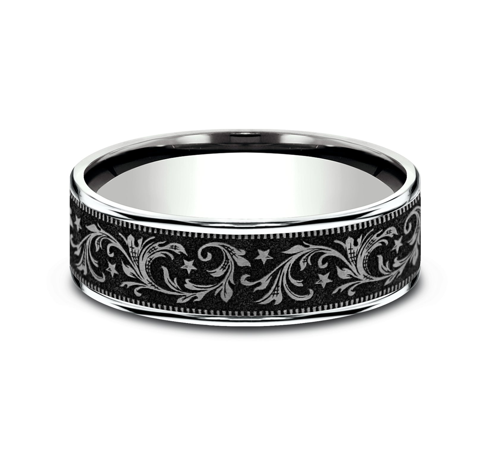 THE SPUR 7.5mm, Comfort fit, 14K White Gold and Grey/Black Titanium, Barrel script pattern, thin edges