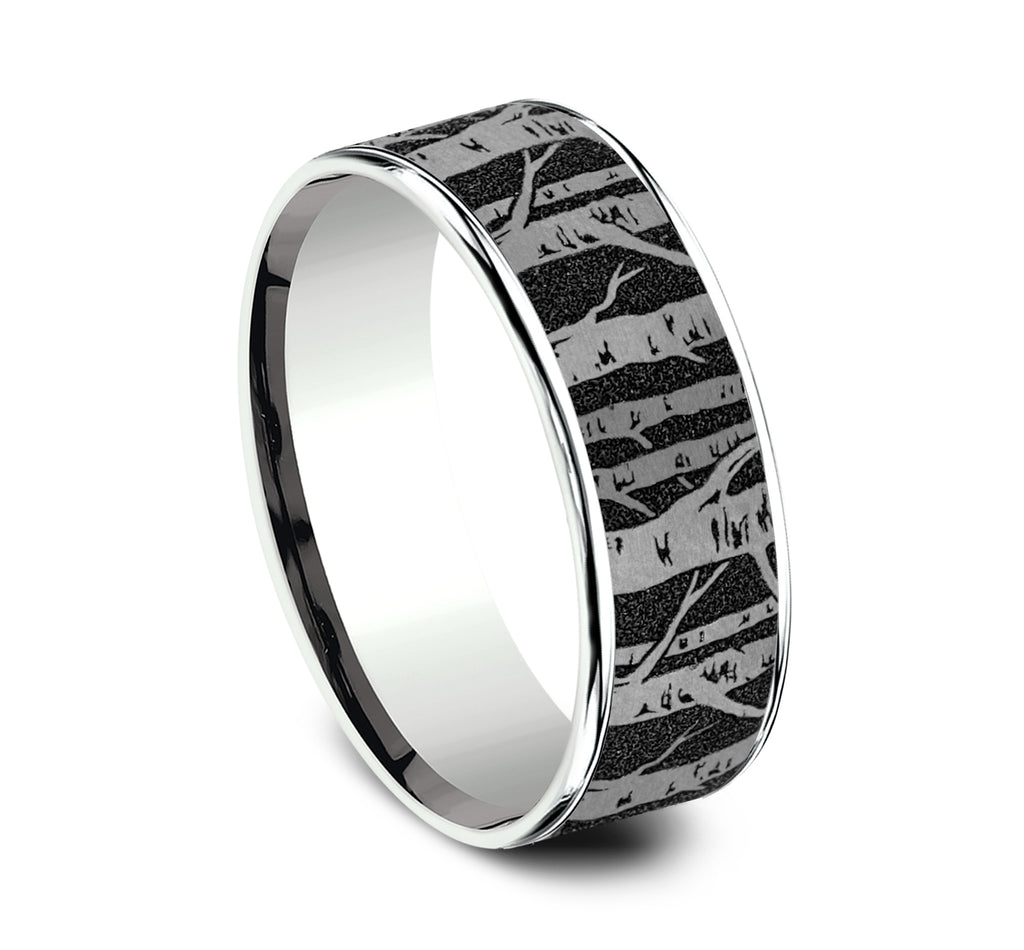 THE BIRCH 7.5mm, Comfort fit, 14K White Gold and Grey/Black Titanium, Birch tree pattern, thin edges
