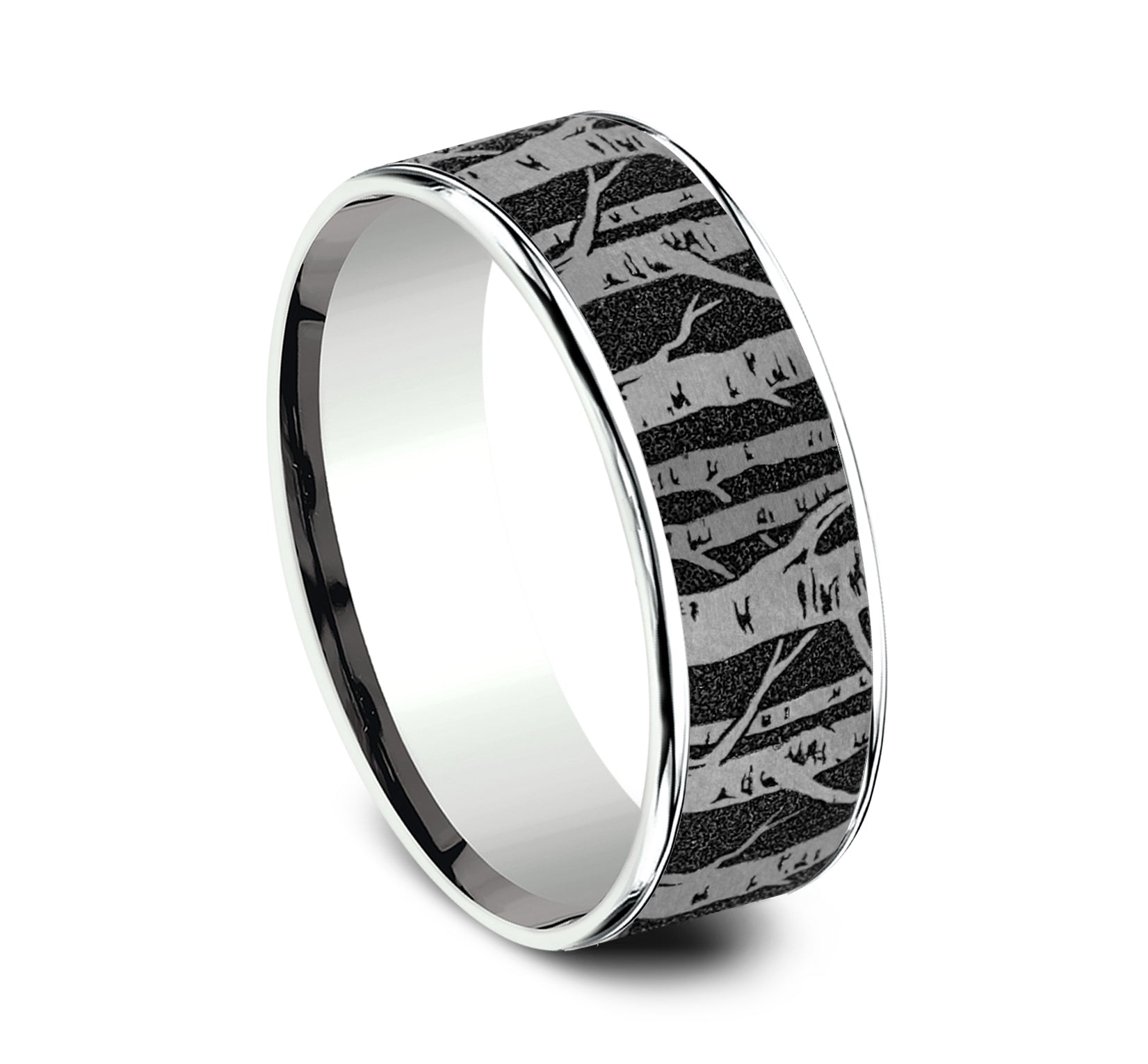 THE BIRCH 7.5mm, Comfort fit, 14K White Gold and Grey/Black Titanium, Birch tree pattern, thin edges