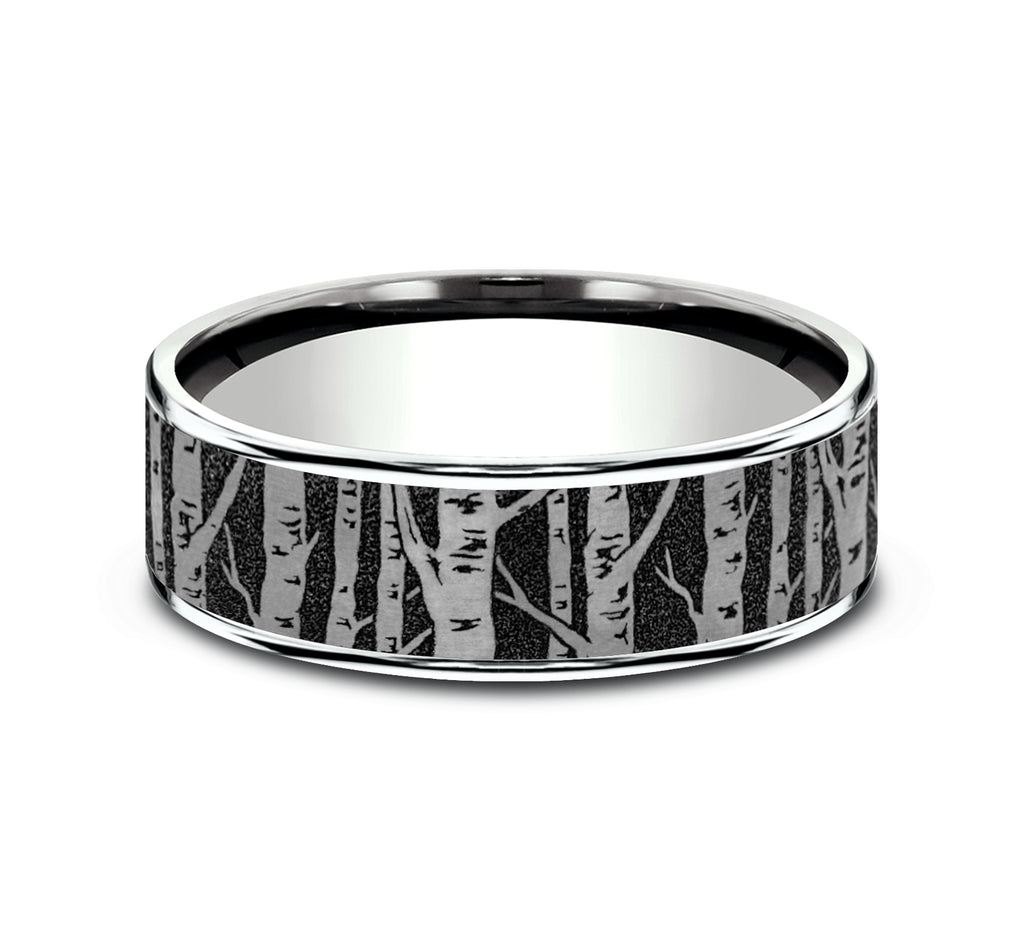 THE BIRCH 7.5mm, Comfort fit, 14K White Gold and Grey/Black Titanium, Birch tree pattern, thin edges