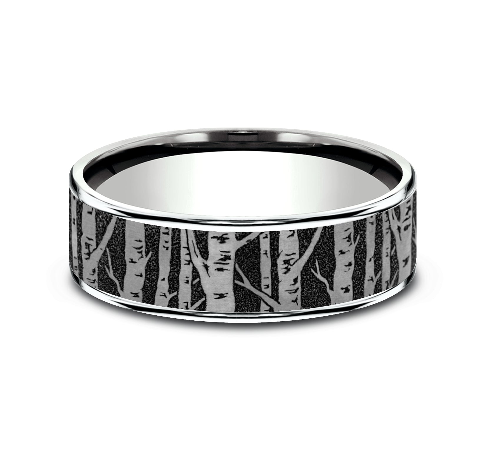 THE BIRCH 7.5mm, Comfort fit, 14K White Gold and Grey/Black Titanium, Birch tree pattern, thin edges