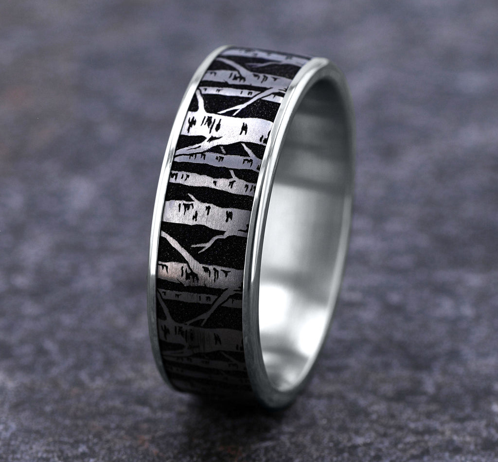 THE BIRCH 7.5mm, Comfort fit, 14K White Gold and Grey/Black Titanium, Birch tree pattern, thin edges