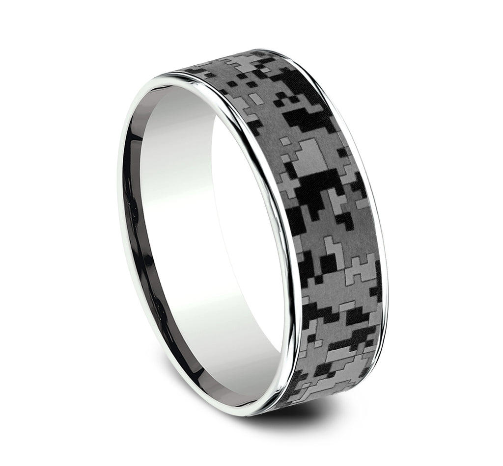 THE DIGITAL CAMO 7.5mm, Comfort fit, 14K White Gold and Grey Tantalum, Digital camo patterned center, thin edges
