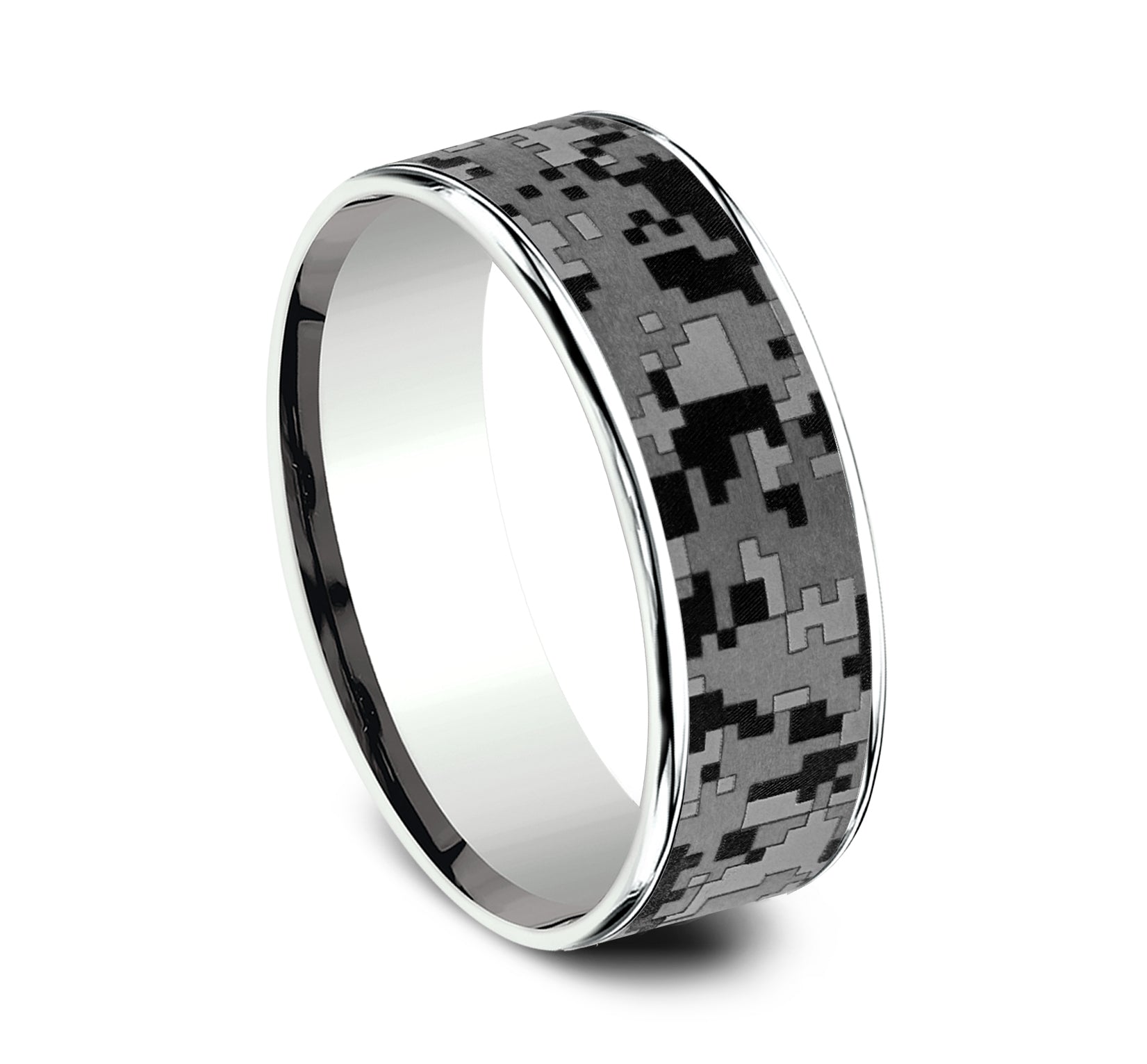 THE DIGITAL CAMO 7.5mm, Comfort fit, 14K White Gold and Grey Tantalum, Digital camo patterned center, thin edges