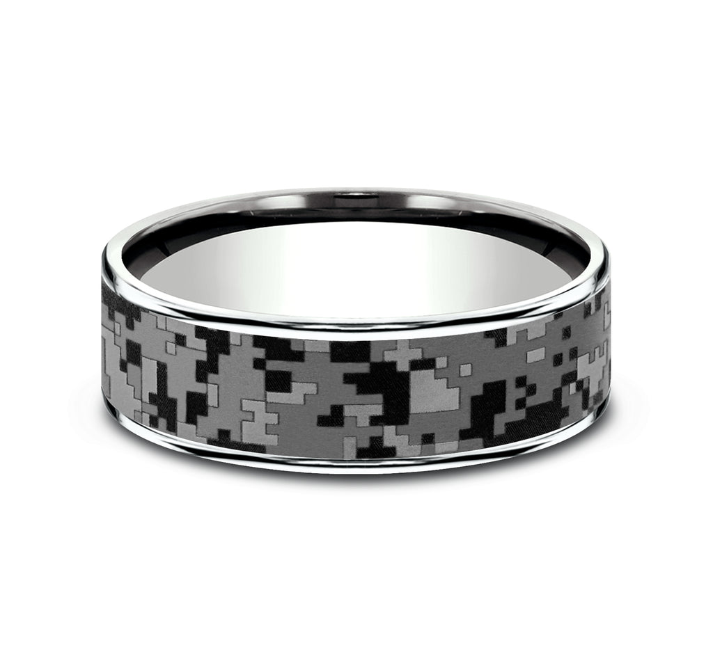 THE DIGITAL CAMO 7.5mm, Comfort fit, 14K White Gold and Grey Tantalum, Digital camo patterned center, thin edges