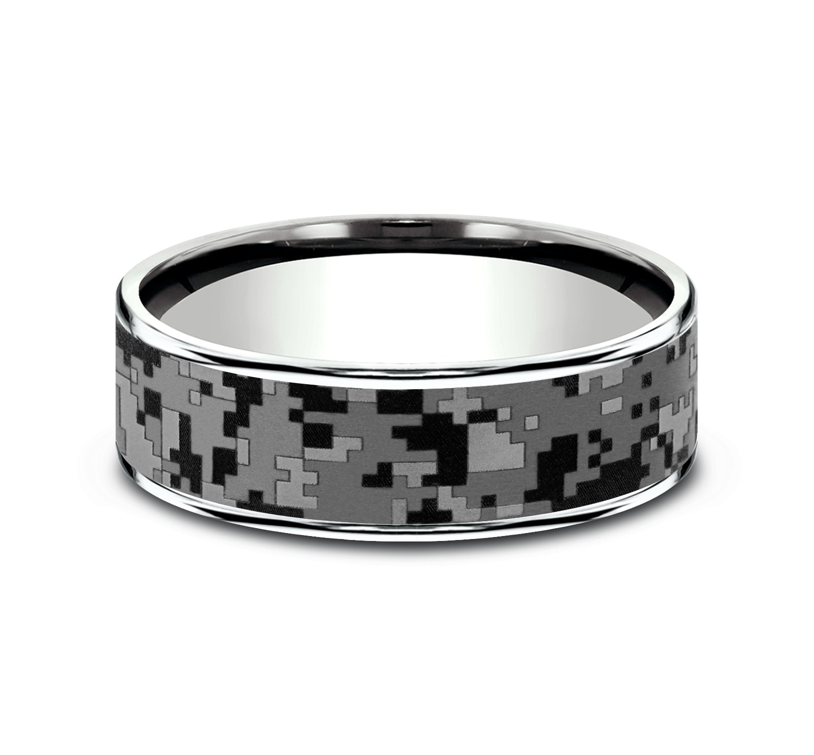 THE DIGITAL CAMO 7.5mm, Comfort fit, 14K White Gold and Grey Tantalum, Digital camo patterned center, thin edges