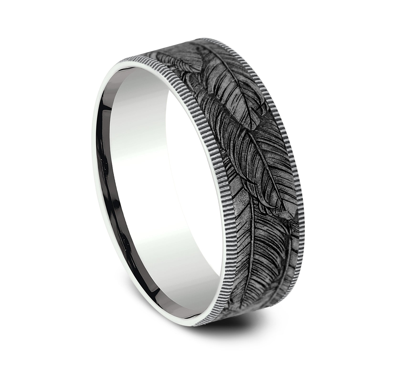THE COVEY 7.5mm, Comfort fit, 14K White Gold and Grey Tantalum, Feather pattern, thin edges
