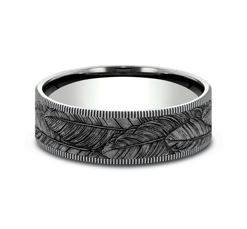 THE COVEY 7.5mm, Comfort fit, 14K White Gold and Grey Tantalum, Feather pattern, thin edges