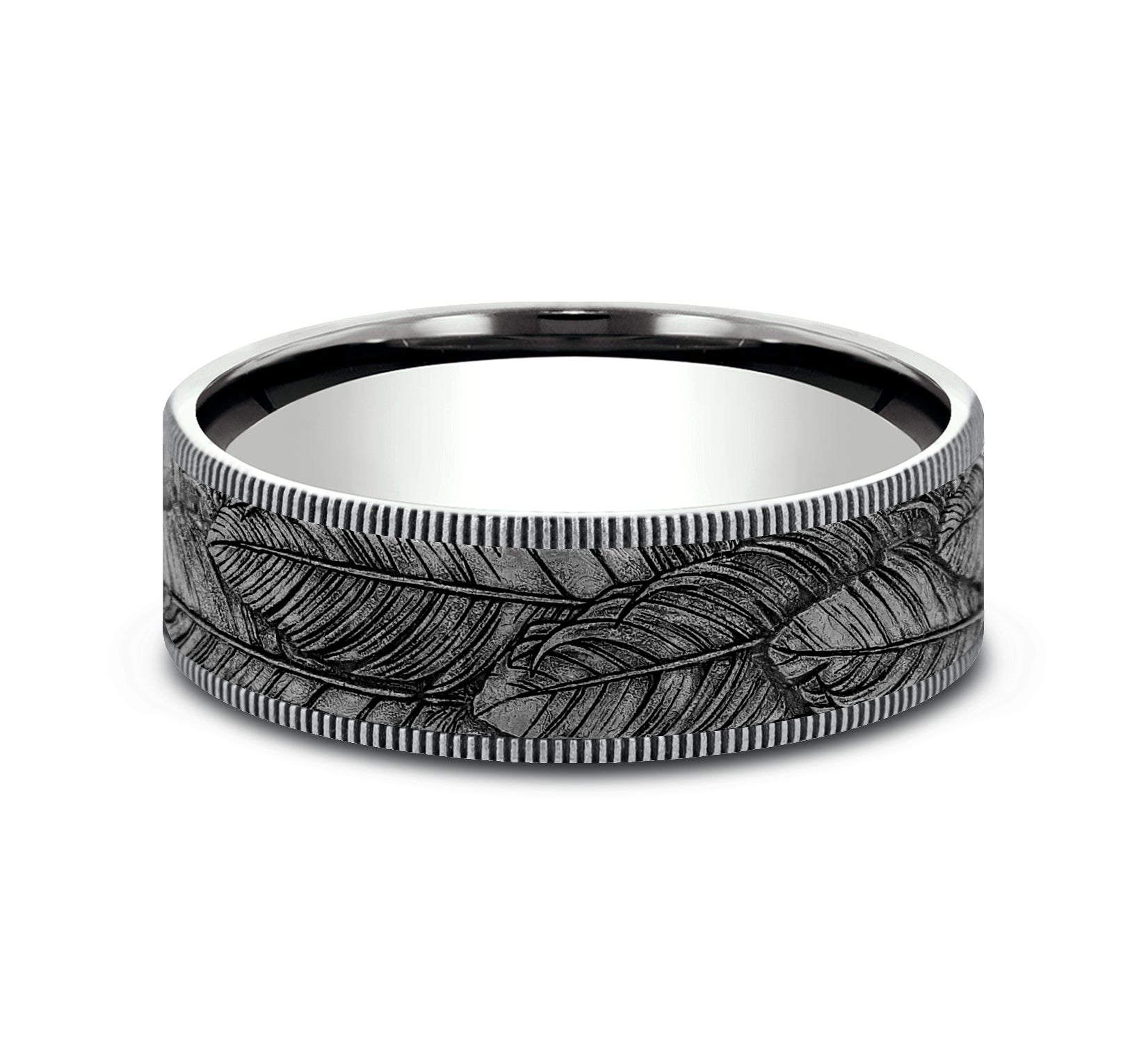 THE COVEY 7.5mm, Comfort fit, 14K White Gold and Grey Tantalum, Feather pattern, thin edges