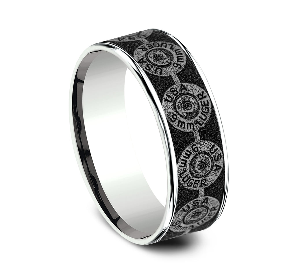 THE 9MM 7.5mm, Comfort fit, 14K White Gold and Grey/Black Titanium, 9mm bullet back patterned center, thin edges