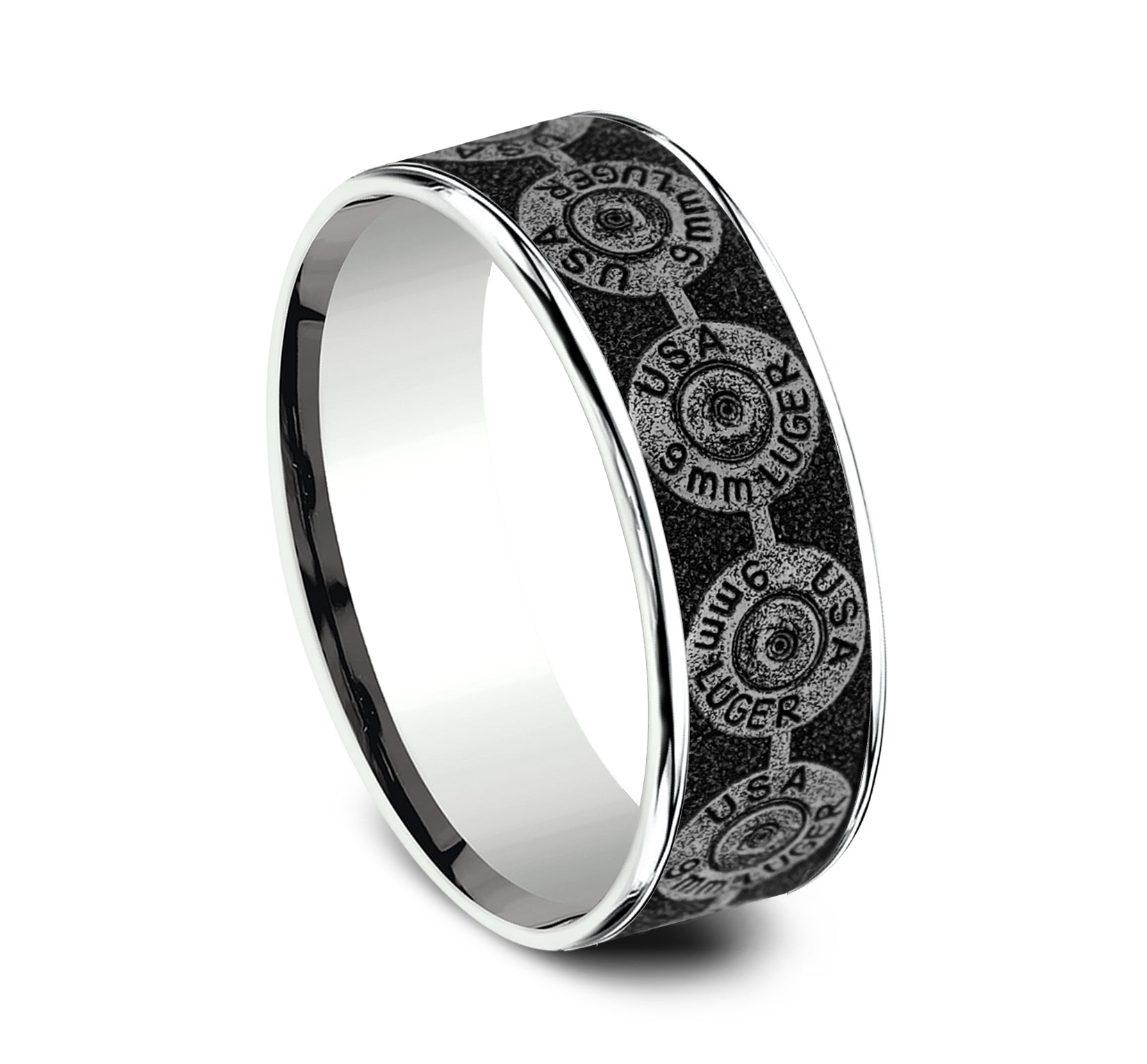 THE 9MM 7.5mm, Comfort fit, 14K White Gold and Grey/Black Titanium, 9mm bullet back patterned center, thin edges