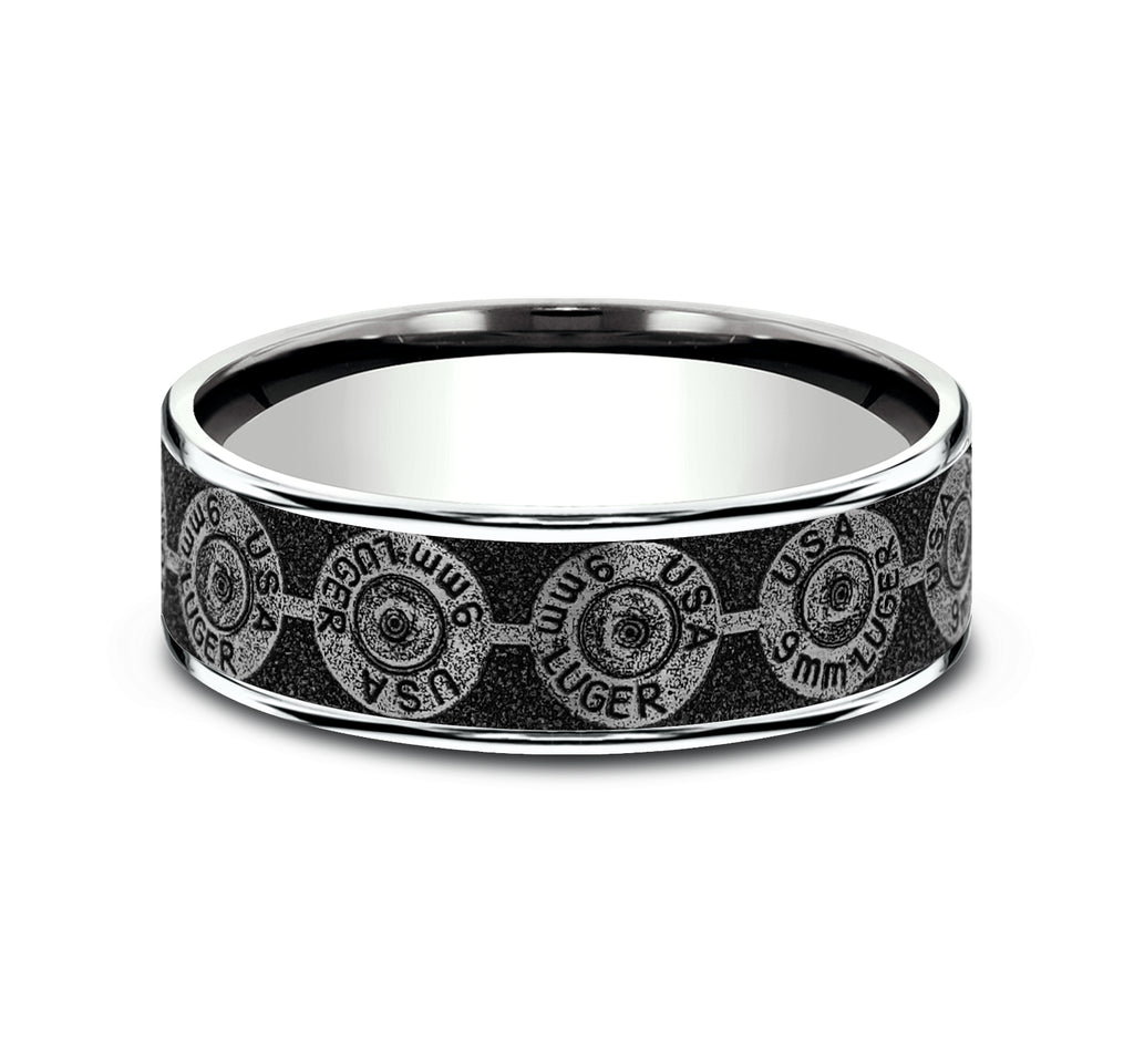 THE 9MM 7.5mm, Comfort fit, 14K White Gold and Grey/Black Titanium, 9mm bullet back patterned center, thin edges
