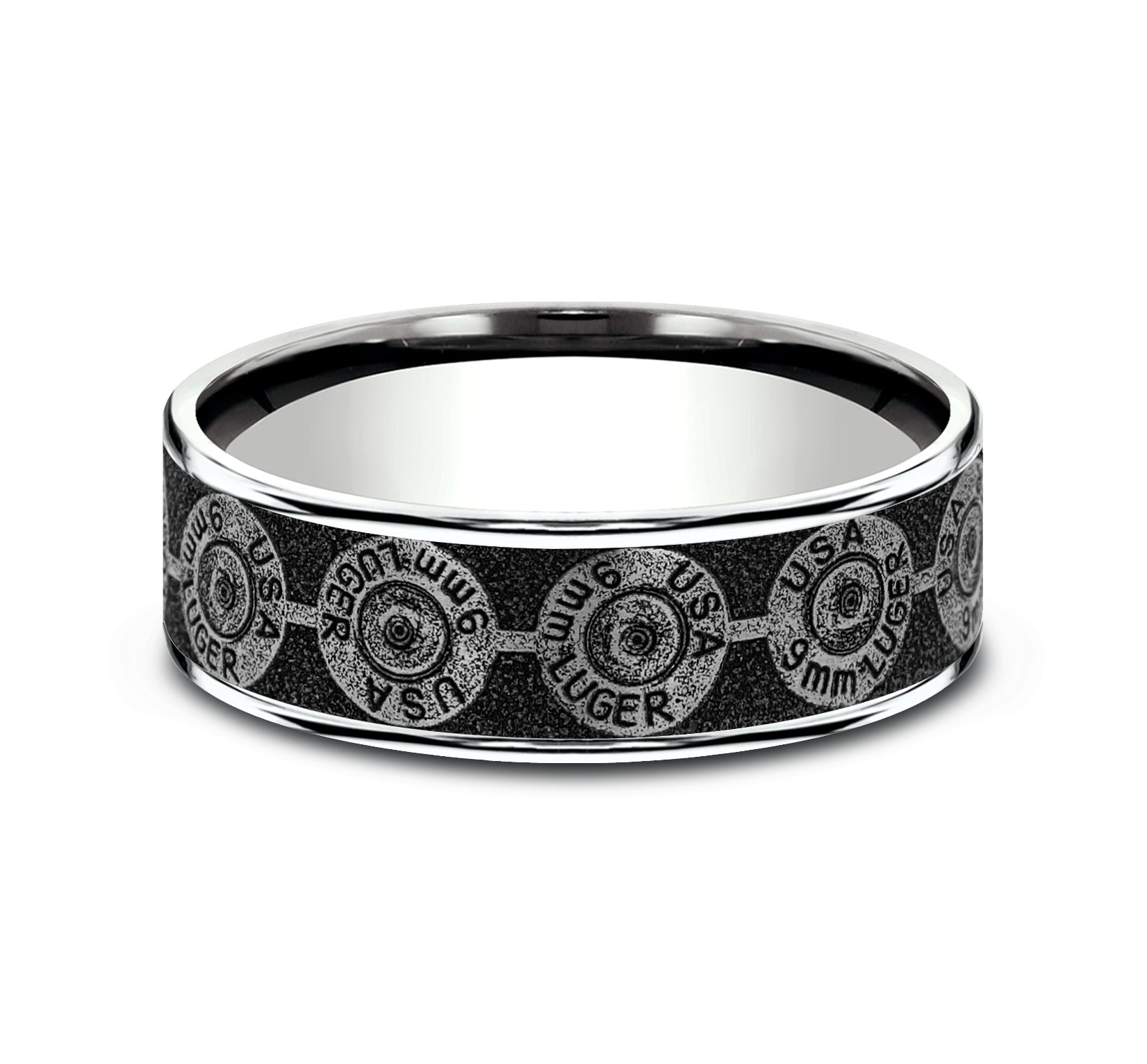 THE 9MM 7.5mm, Comfort fit, 14K White Gold and Grey/Black Titanium, 9mm bullet back patterned center, thin edges