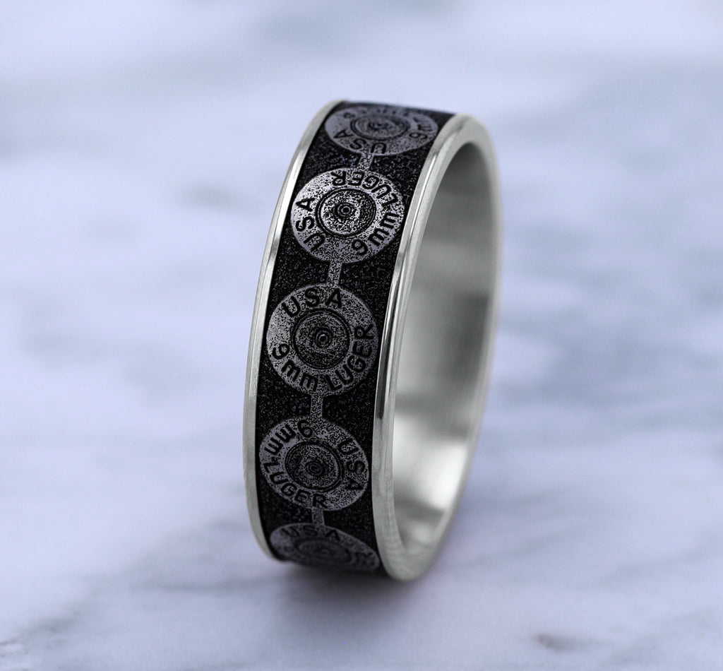THE 9MM 7.5mm, Comfort fit, 14K White Gold and Grey/Black Titanium, 9mm bullet back patterned center, thin edges