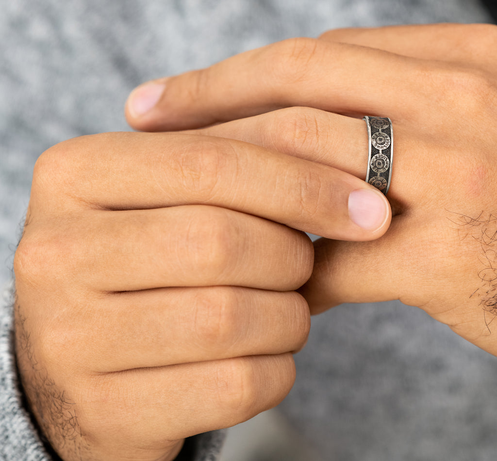 THE 9MM 7.5mm, Comfort fit, 14K White Gold and Grey/Black Titanium, 9mm bullet back patterned center, thin edges