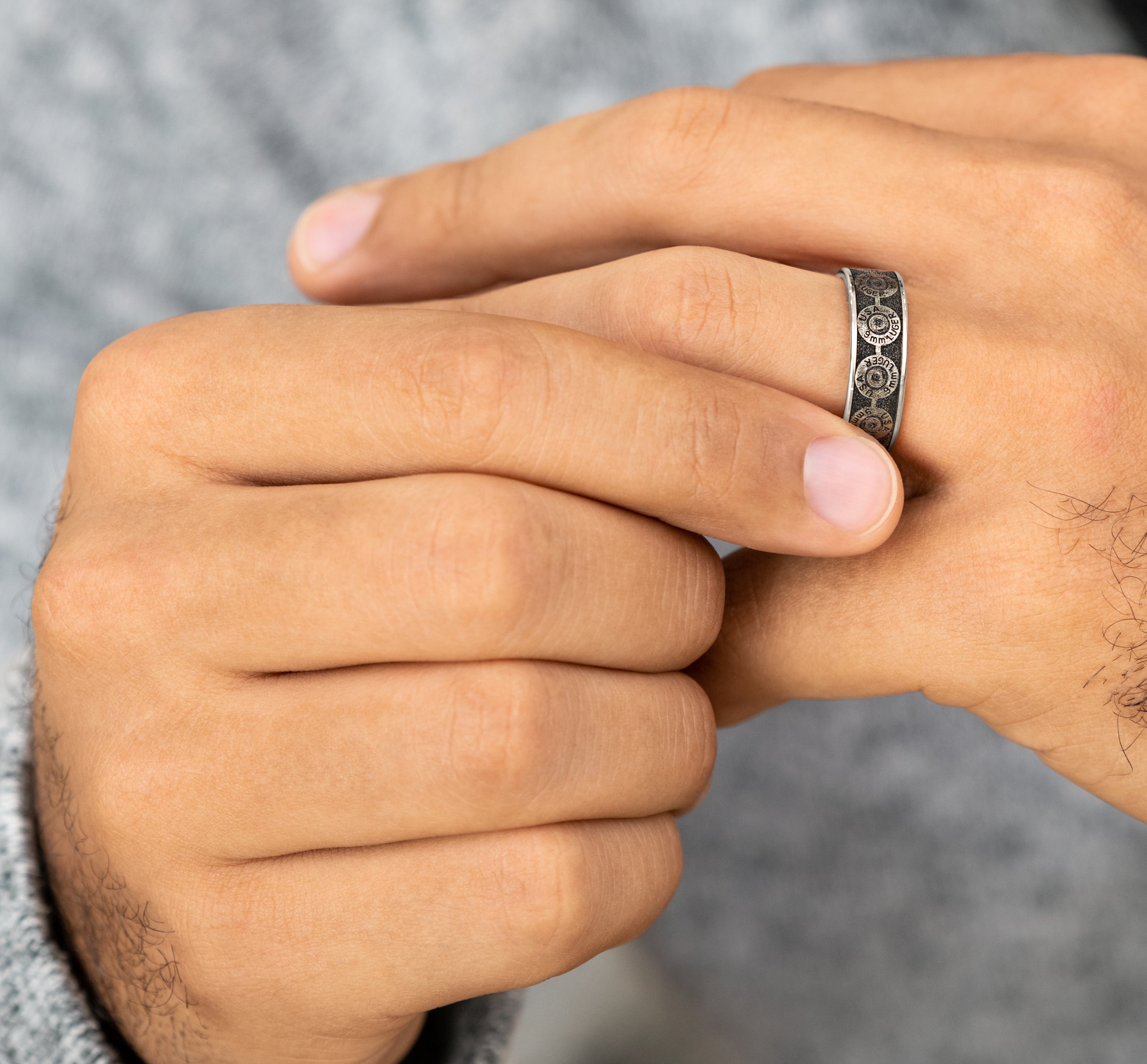 THE 9MM 7.5mm, Comfort fit, 14K White Gold and Grey/Black Titanium, 9mm bullet back patterned center, thin edges