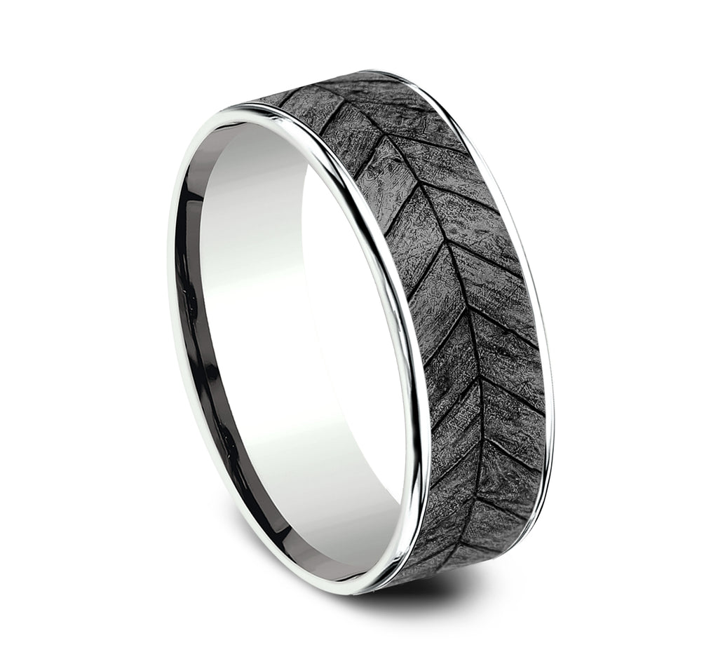 THE CHEVRON 7.5mm, Comfort fit, 14K White Gold and Grey Tantalum, Chevron wood patterned center, thin edges