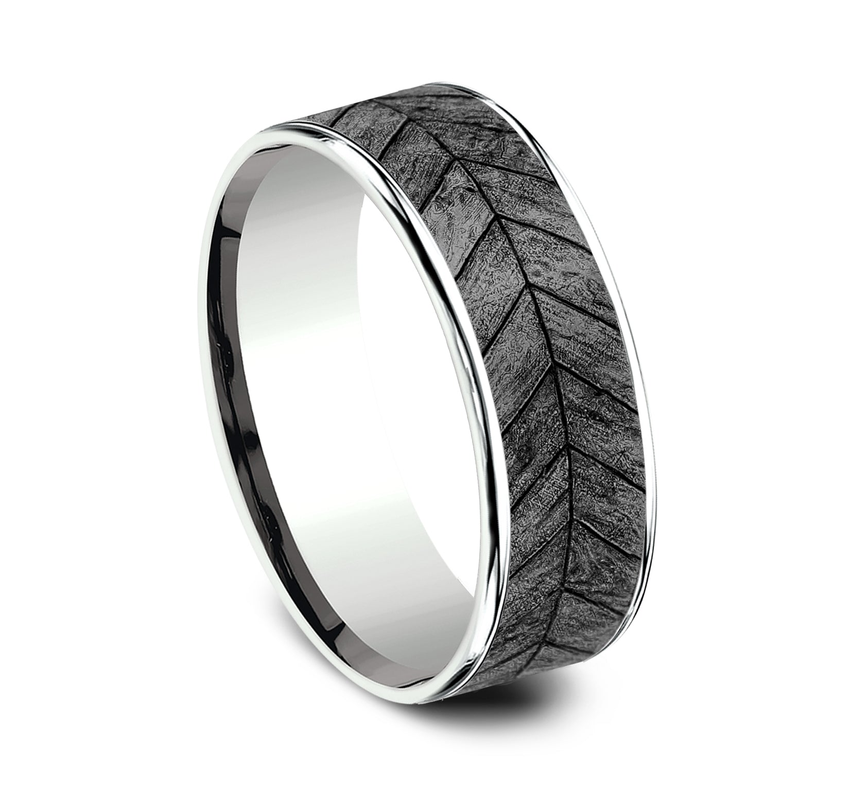 THE CHEVRON 7.5mm, Comfort fit, 14K White Gold and Grey Tantalum, Chevron wood patterned center, thin edges