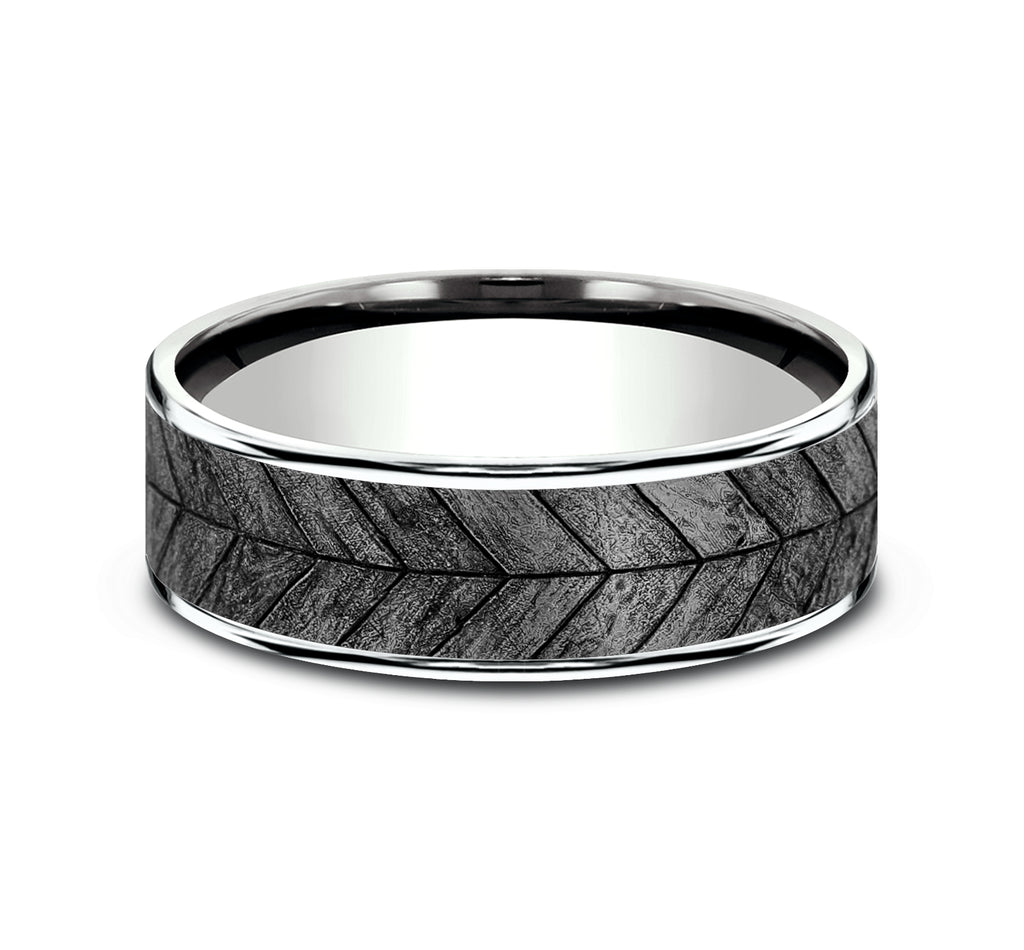 THE CHEVRON 7.5mm, Comfort fit, 14K White Gold and Grey Tantalum, Chevron wood patterned center, thin edges