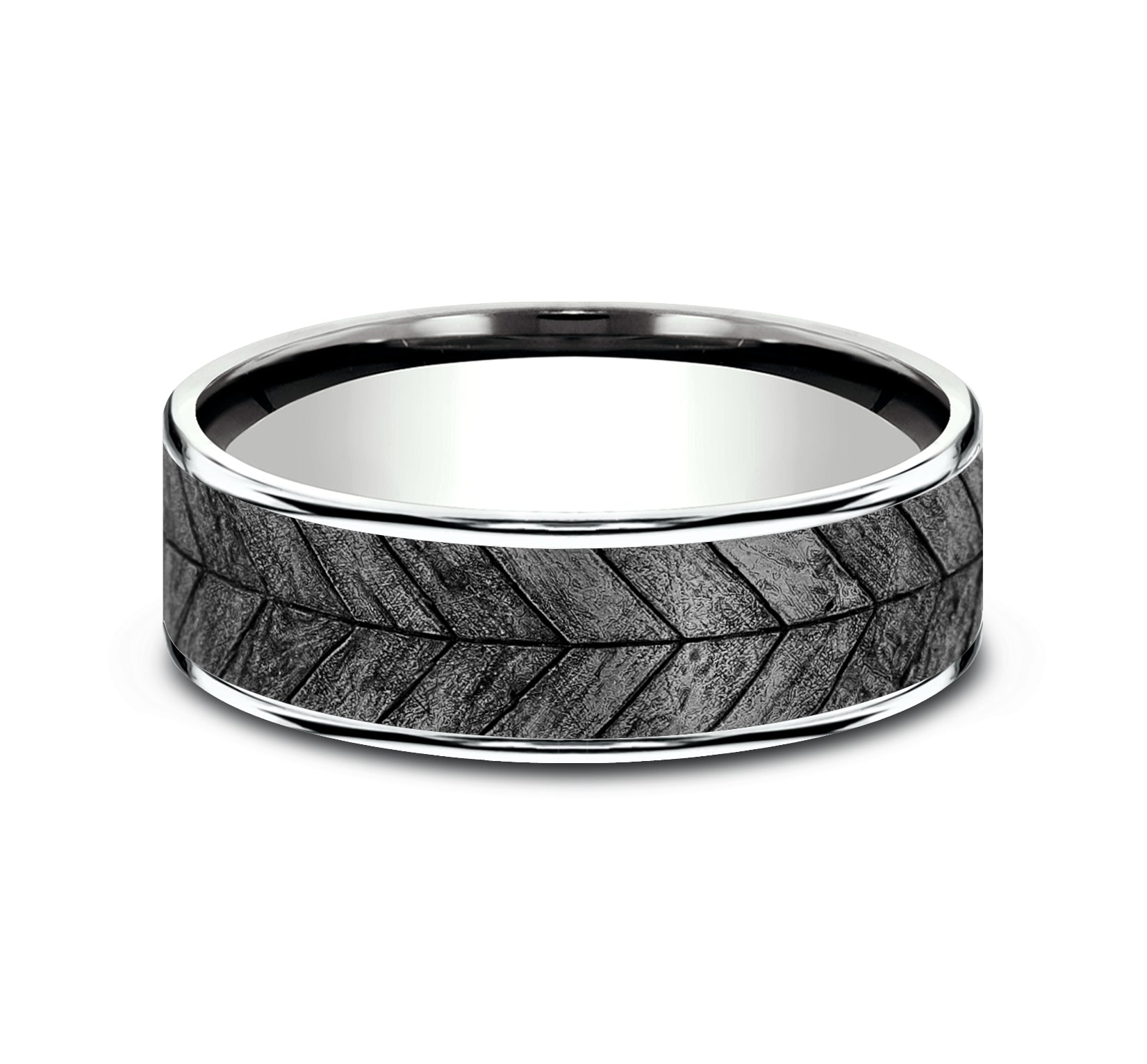 THE CHEVRON 7.5mm, Comfort fit, 14K White Gold and Grey Tantalum, Chevron wood patterned center, thin edges
