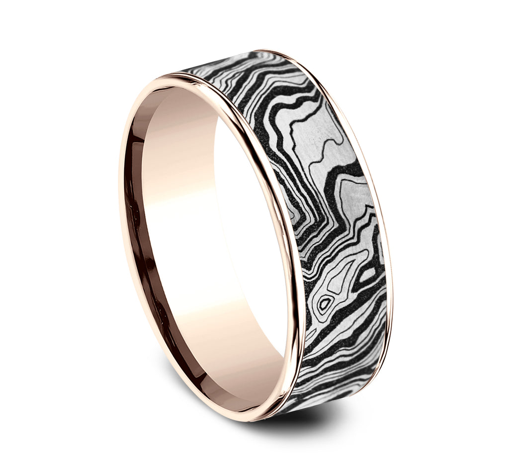 THE EXPLORER 7.5mm, Comfort fit, 14K Rose Gold and Grey/Black Titanium, Topography pattern, thin edges