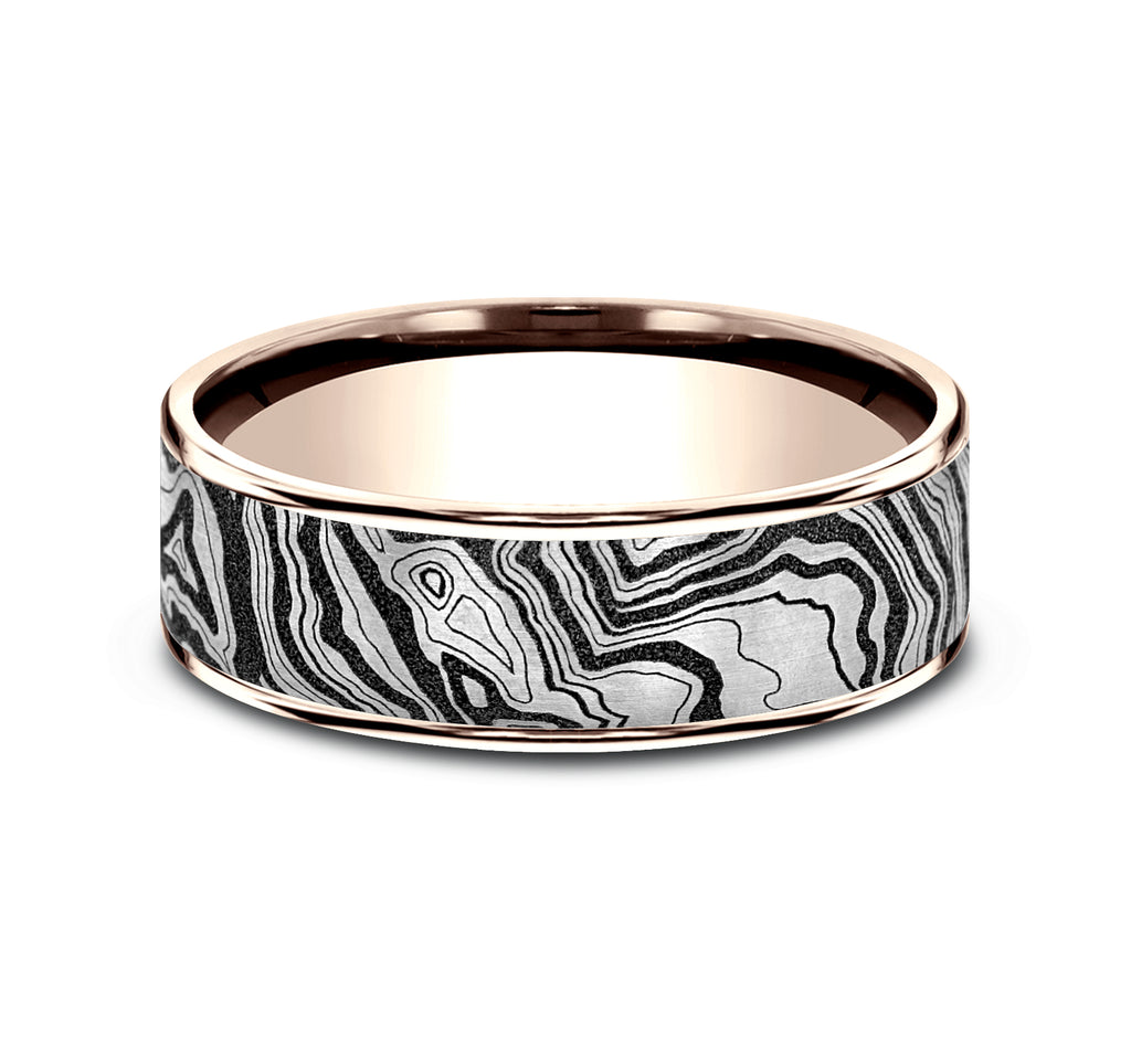 THE EXPLORER 7.5mm, Comfort fit, 14K Rose Gold and Grey/Black Titanium, Topography pattern, thin edges