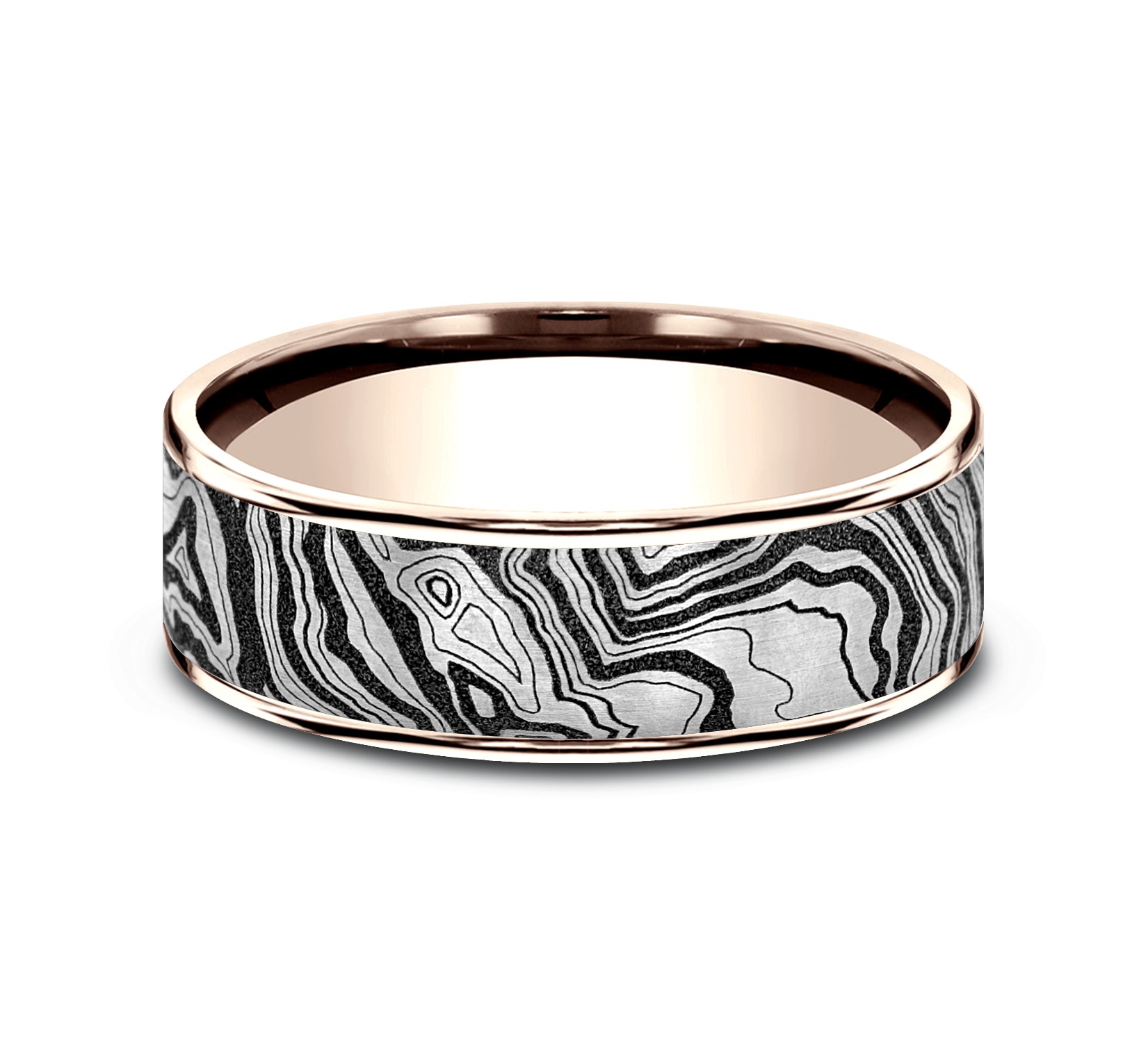 THE EXPLORER 7.5mm, Comfort fit, 14K Rose Gold and Grey/Black Titanium, Topography pattern, thin edges