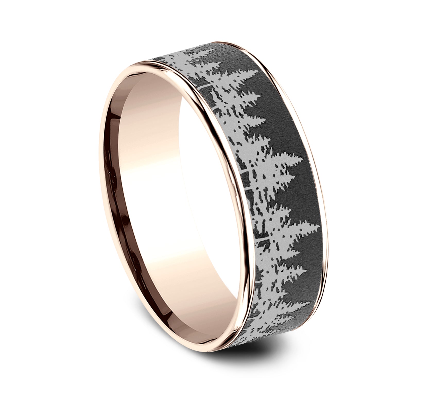 THE EVERGREEN 7.5mm, Comfort fit, 14K Rose Gold and Darkened Tantalum, Treeline scenic design, thin edges