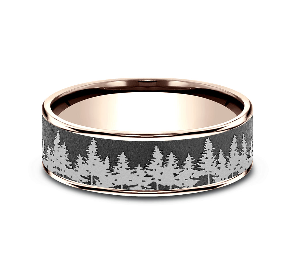THE EVERGREEN 7.5mm, Comfort fit, 14K Rose Gold and Darkened Tantalum, Treeline scenic design, thin edges