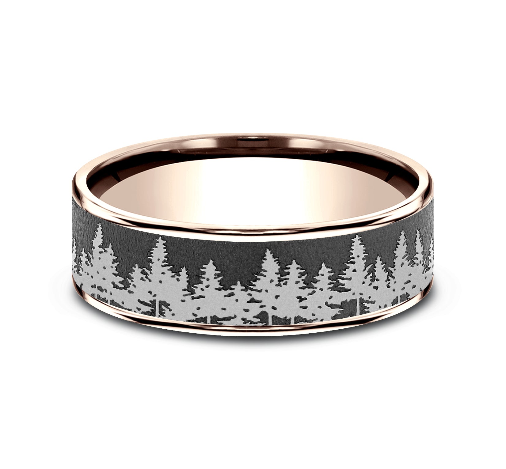 THE EVERGREEN 7.5mm, Comfort fit, 14K Rose Gold and Darkened Tantalum, Treeline scenic design, thin edges