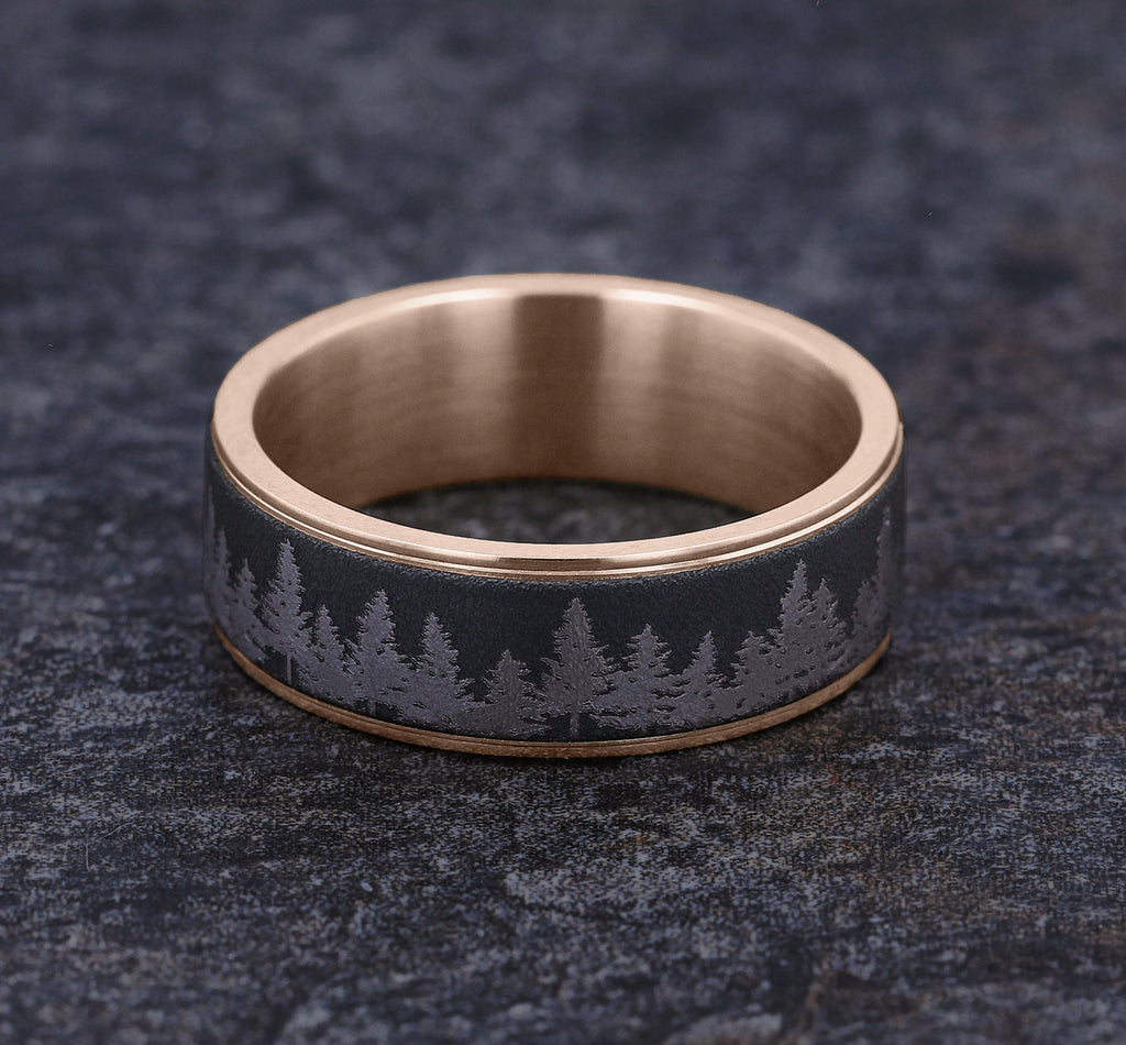 THE EVERGREEN 7.5mm, Comfort fit, 14K Rose Gold and Darkened Tantalum, Treeline scenic design, thin edges