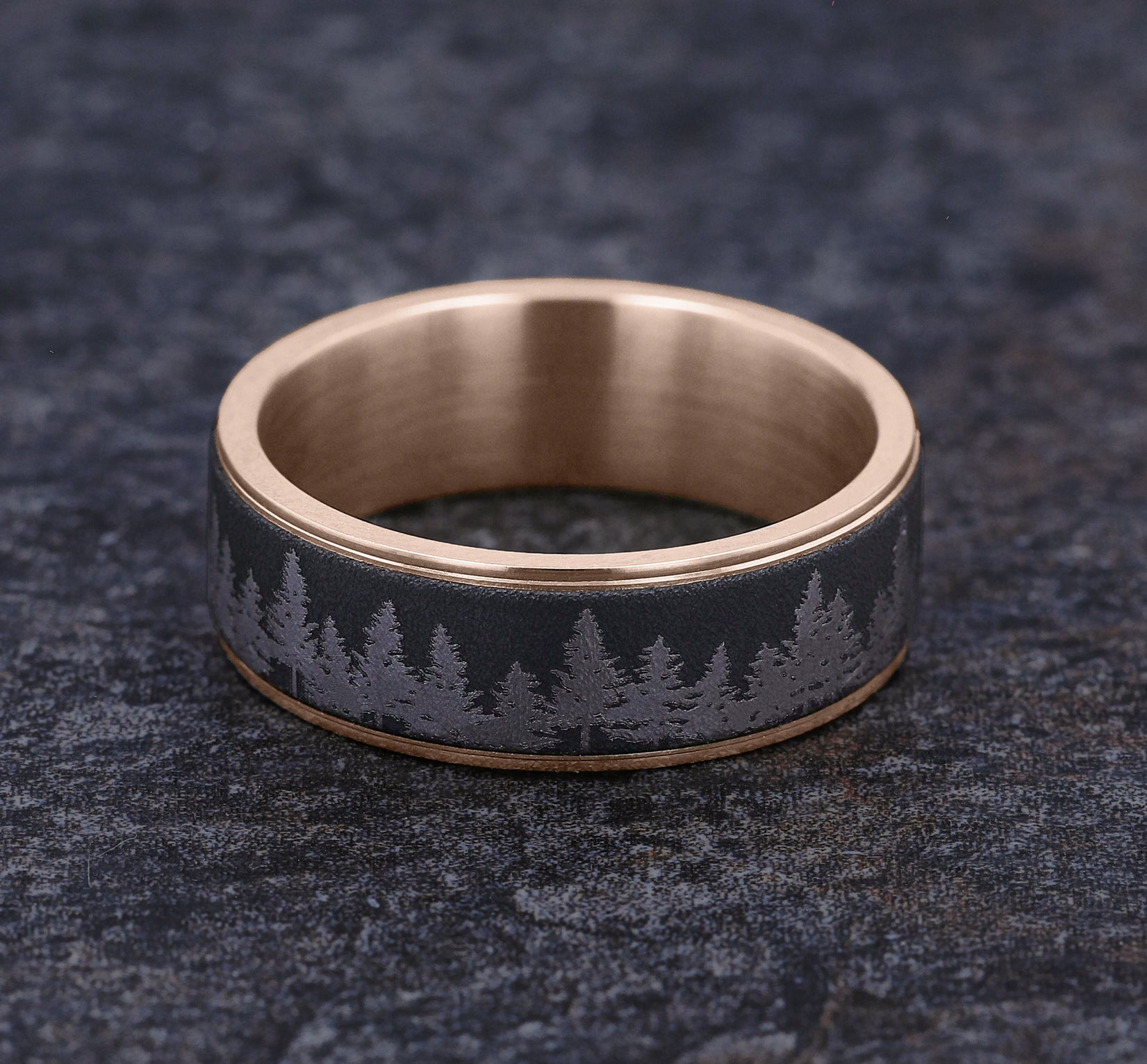 THE EVERGREEN 7.5mm, Comfort fit, 14K Rose Gold and Darkened Tantalum, Treeline scenic design, thin edges