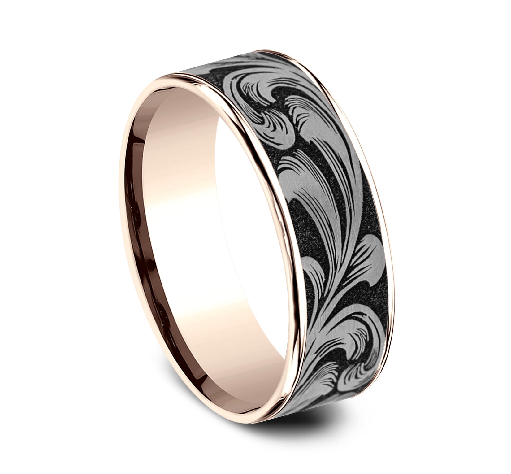 THE BARREL SCRIPT 7.5mm, Comfort fit, 14K Rose Gold and Grey/Black Titanium, Large barrel script pattern, thin edges
