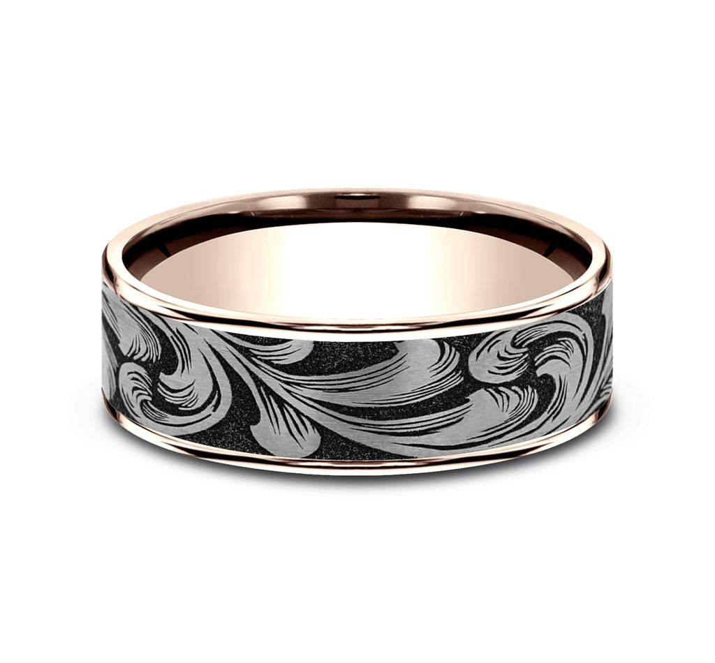 THE BARREL SCRIPT 7.5mm, Comfort fit, 14K Rose Gold and Grey/Black Titanium, Large barrel script pattern, thin edges