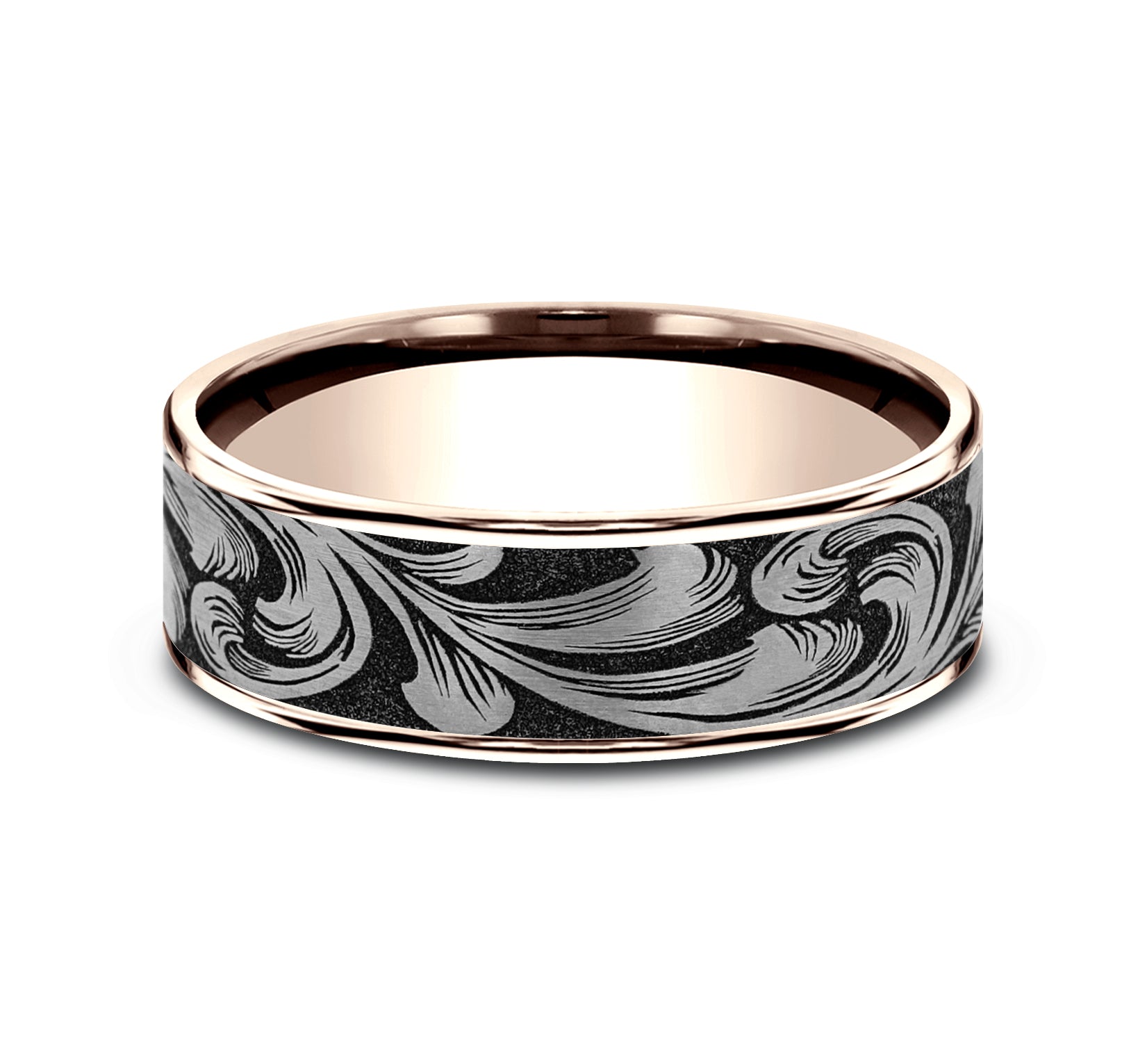 THE BARREL SCRIPT 7.5mm, Comfort fit, 14K Rose Gold and Grey/Black Titanium, Large barrel script pattern, thin edges