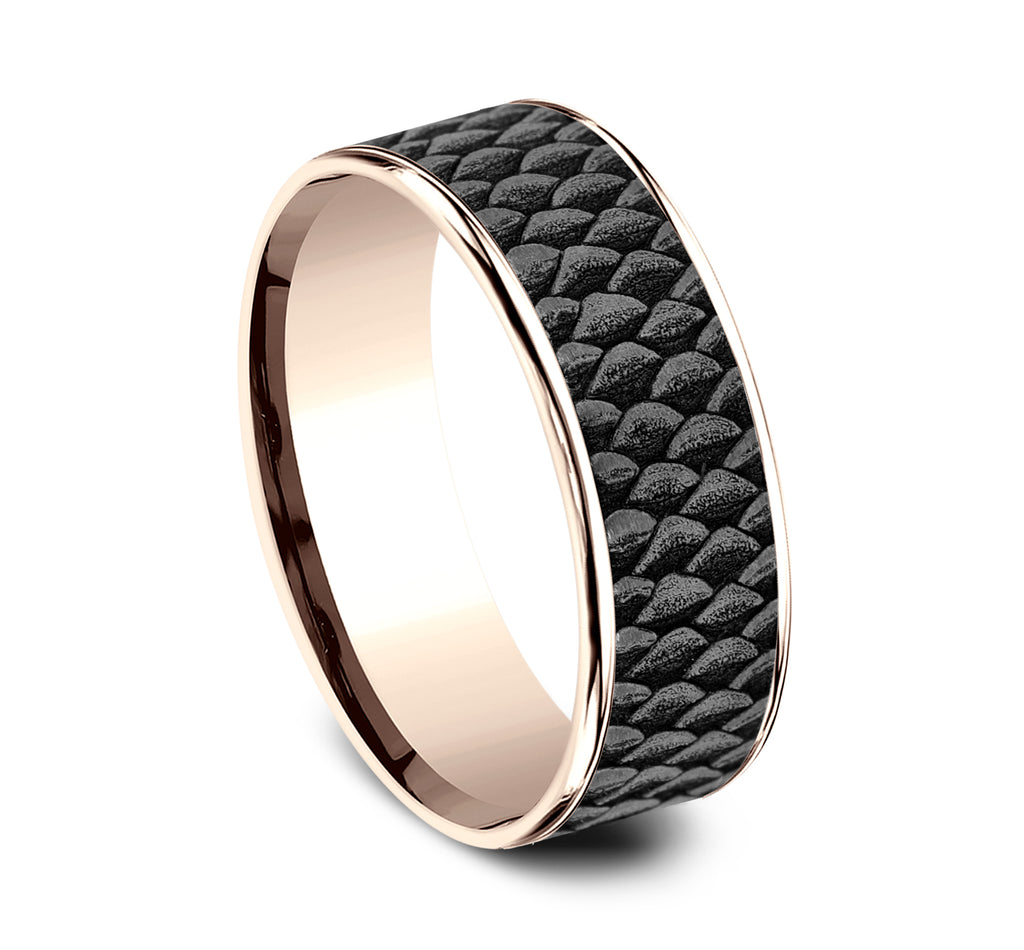 THE ANGLER 7.5mm, Comfort fit, 14K Rose Gold and Grey Tantalum, Fish scale patterned center, thin edges