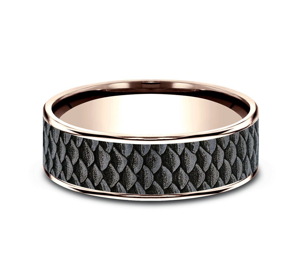 THE ANGLER 7.5mm, Comfort fit, 14K Rose Gold and Grey Tantalum, Fish scale patterned center, thin edges
