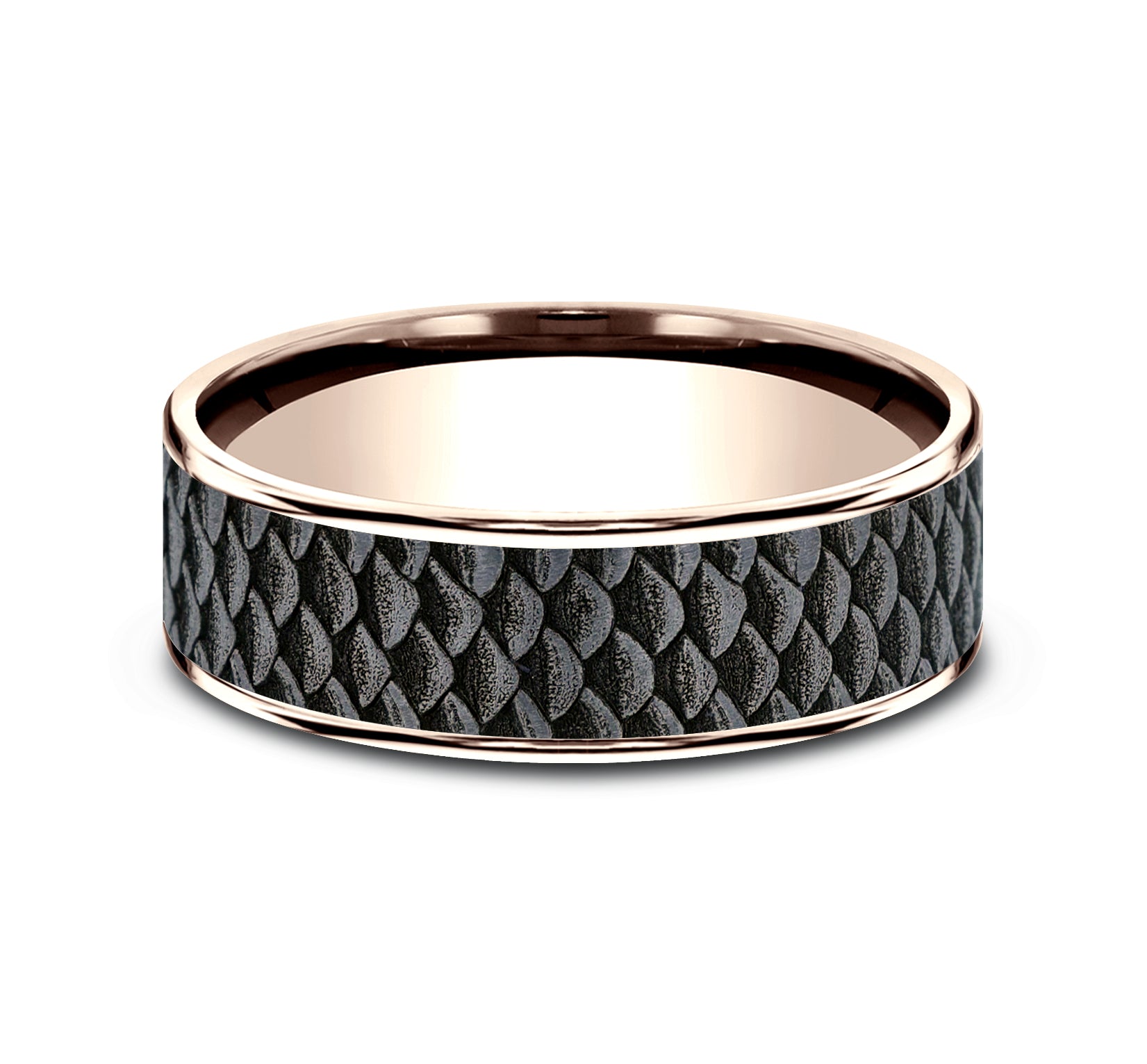 THE ANGLER 7.5mm, Comfort fit, 14K Rose Gold and Grey Tantalum, Fish scale patterned center, thin edges