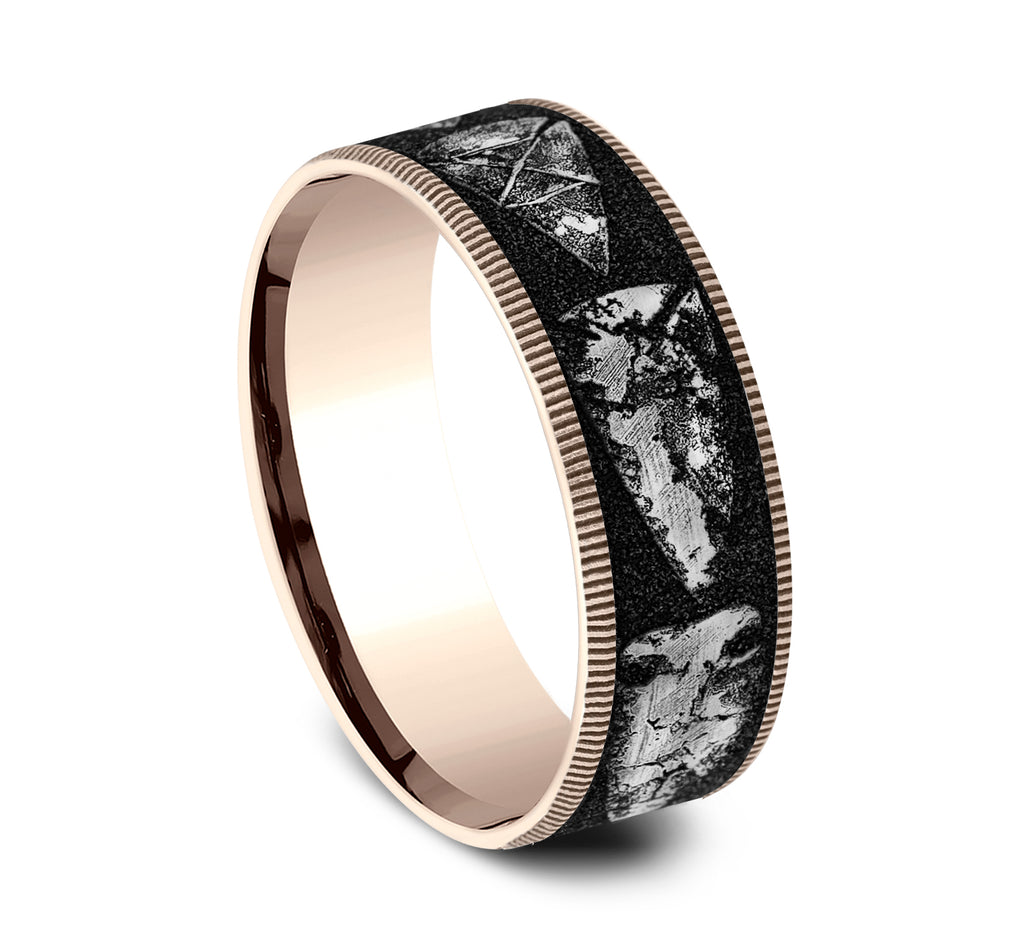 THE ARROWHEAD 7.5mm, Comfort fit, 14K Rose Gold and Grey/Black Titanium, Arrowhead pattern, thin edges