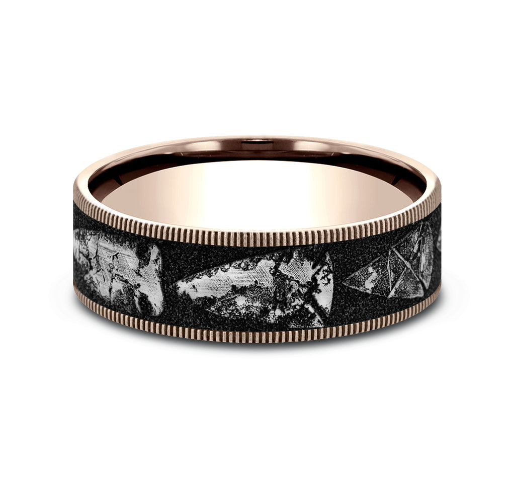 THE ARROWHEAD 7.5mm, Comfort fit, 14K Rose Gold and Grey/Black Titanium, Arrowhead pattern, thin edges