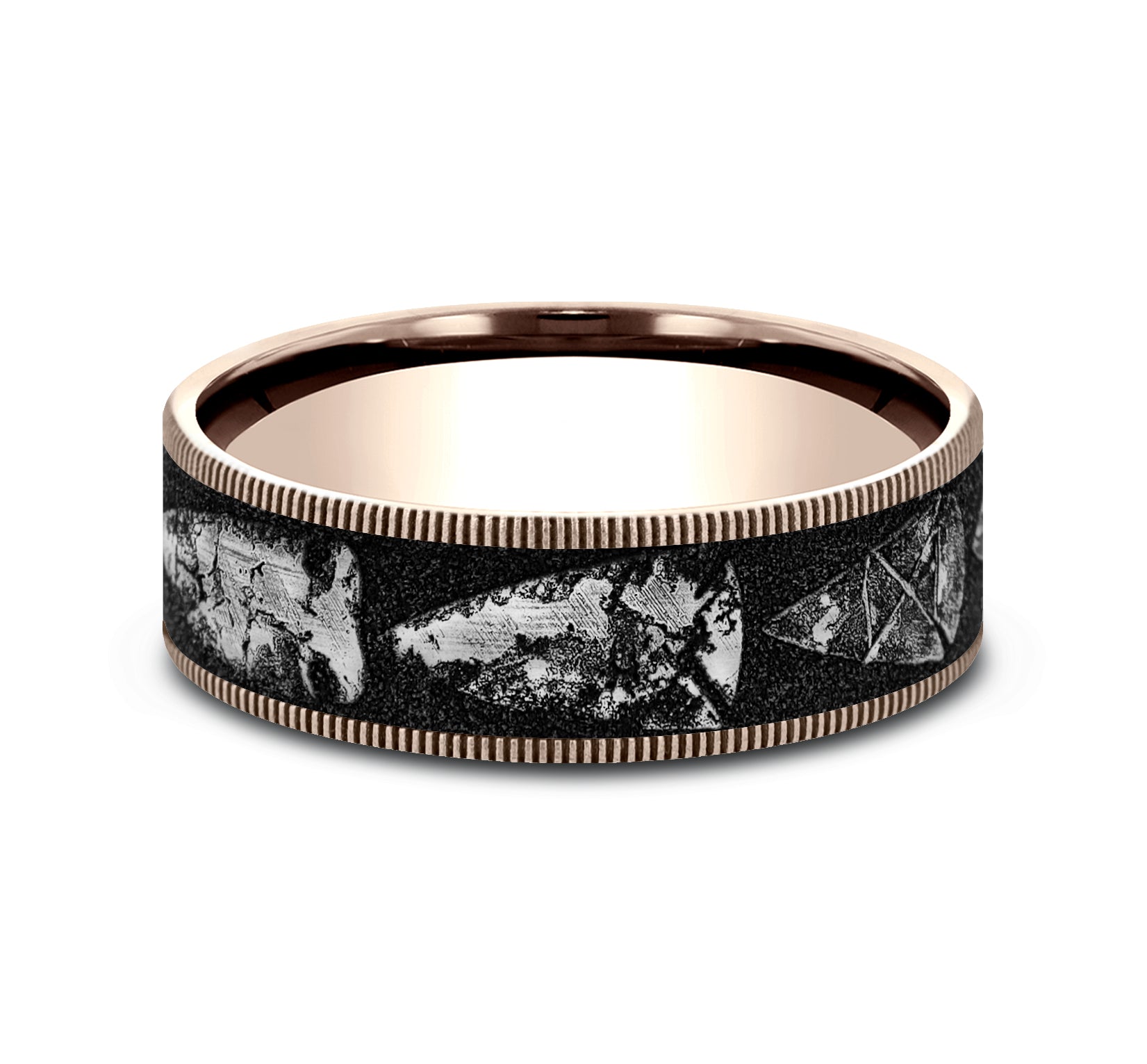 THE ARROWHEAD 7.5mm, Comfort fit, 14K Rose Gold and Grey/Black Titanium, Arrowhead pattern, thin edges