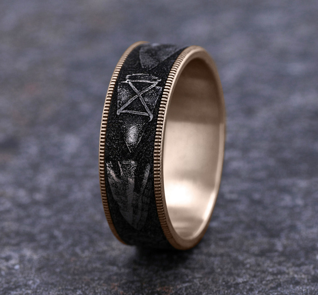THE ARROWHEAD 7.5mm, Comfort fit, 14K Rose Gold and Grey/Black Titanium, Arrowhead pattern, thin edges