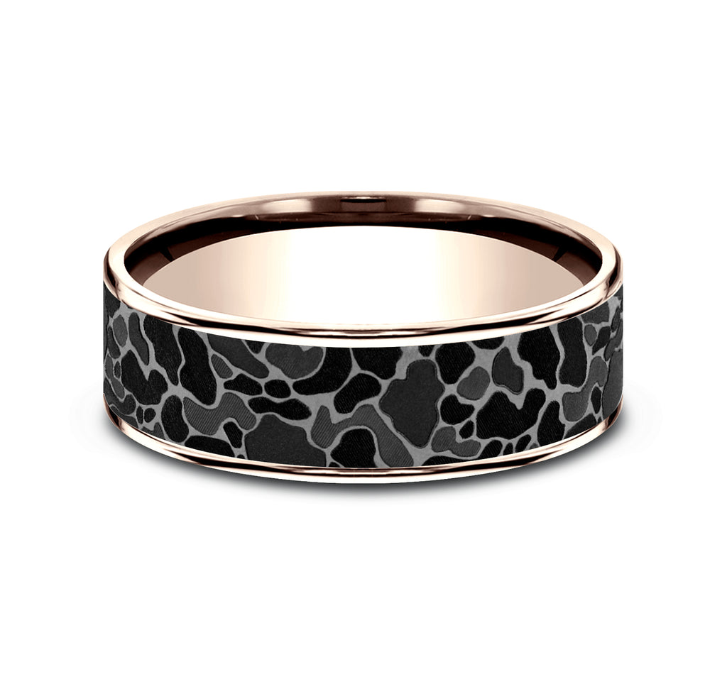 THE DUCK CAMO 7.5mm, Comfort fit, 14K Rose Gold and Grey Tantalum, Duck camo pattern, thin edges
