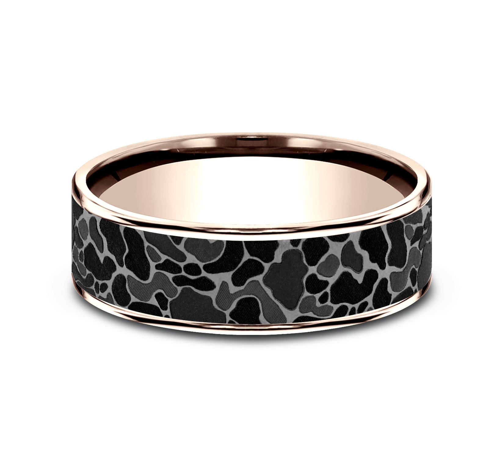 THE DUCK CAMO 7.5mm, Comfort fit, 14K Rose Gold and Grey Tantalum, Duck camo pattern, thin edges