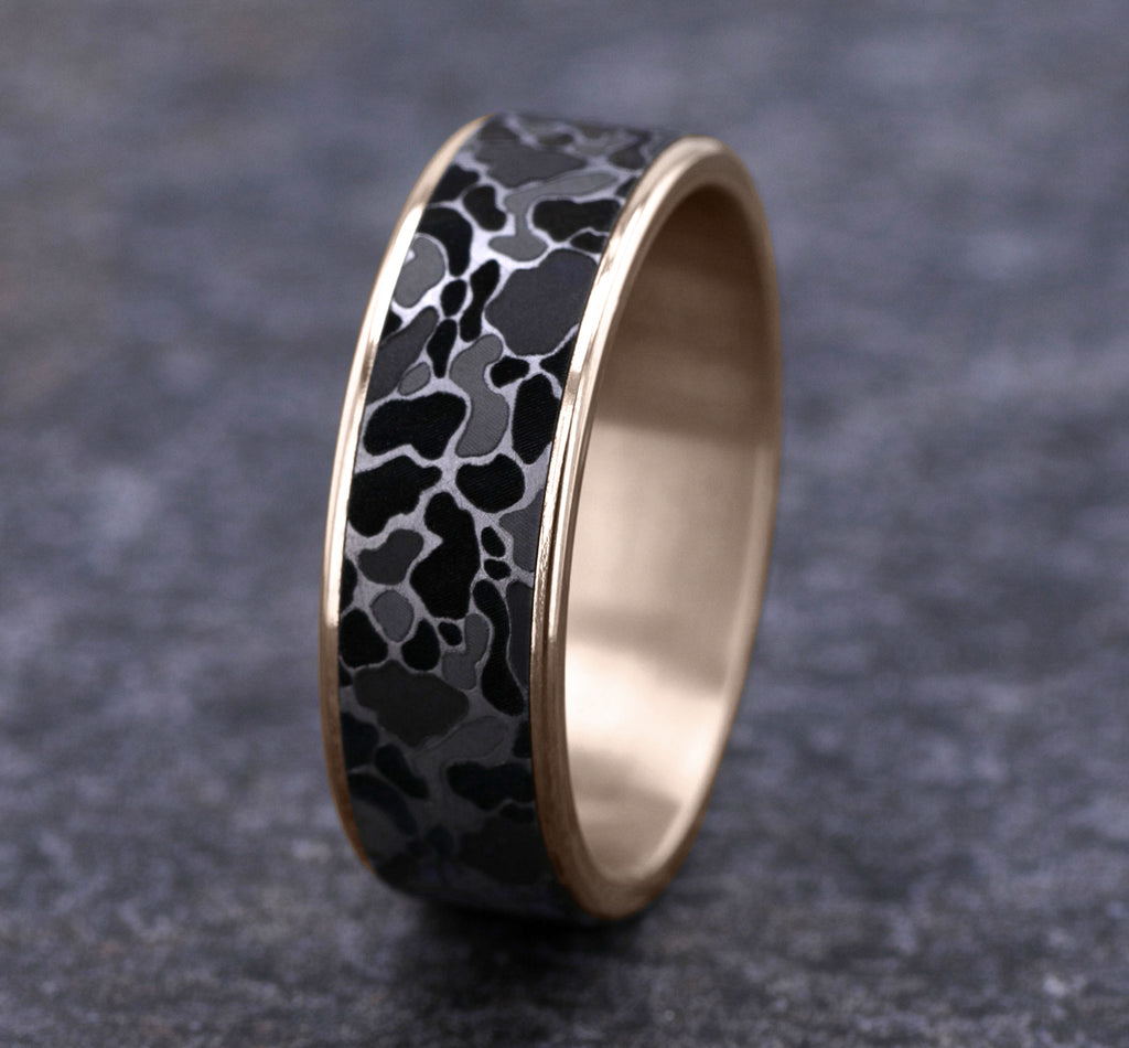 THE DUCK CAMO 7.5mm, Comfort fit, 14K Rose Gold and Grey Tantalum, Duck camo pattern, thin edges